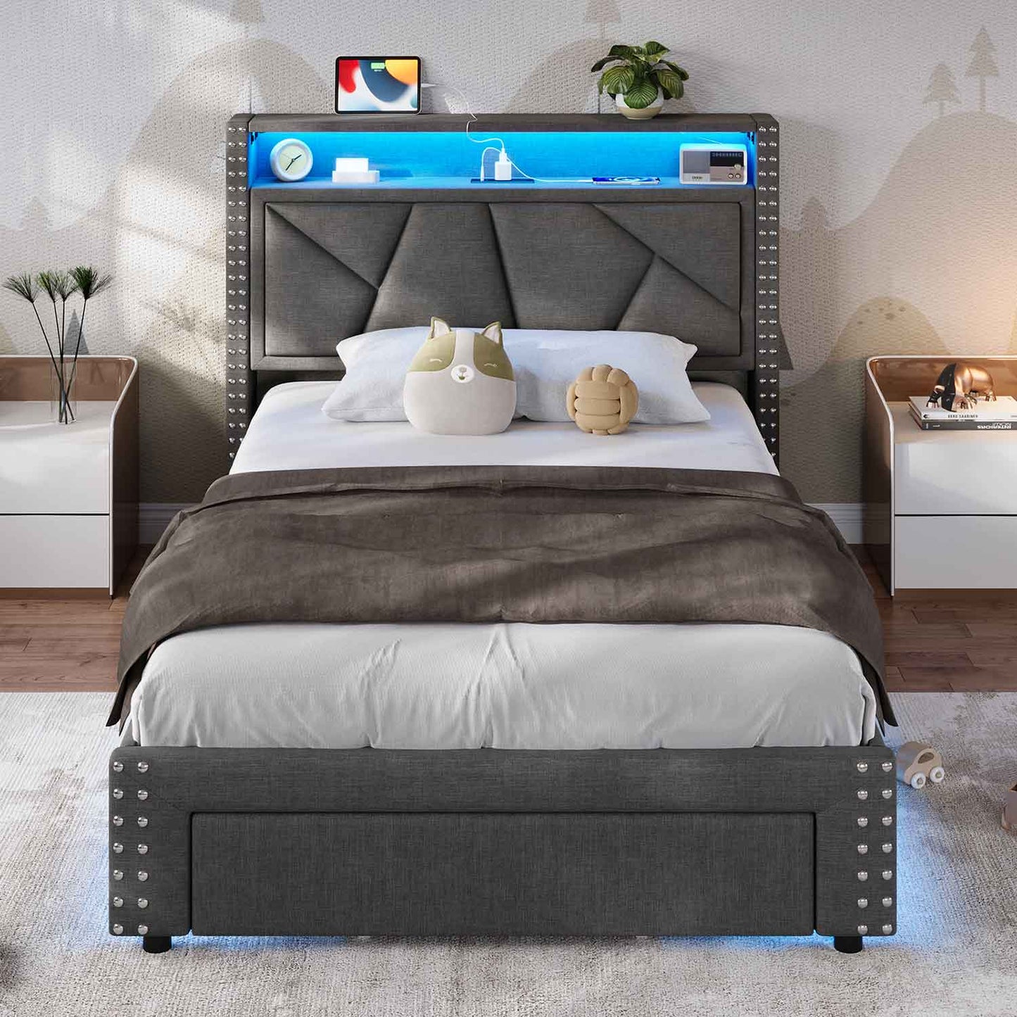 Twin Size Upholstered LED Bed Frame Dark Grey