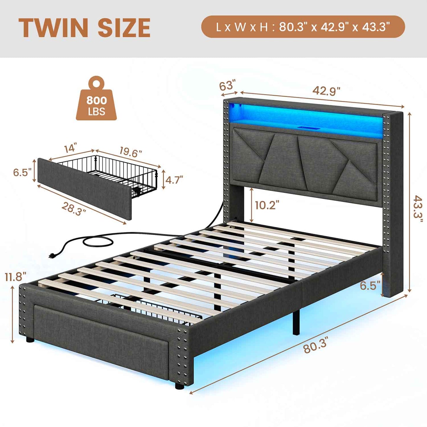 Twin Size Upholstered LED Bed Frame Dark Grey