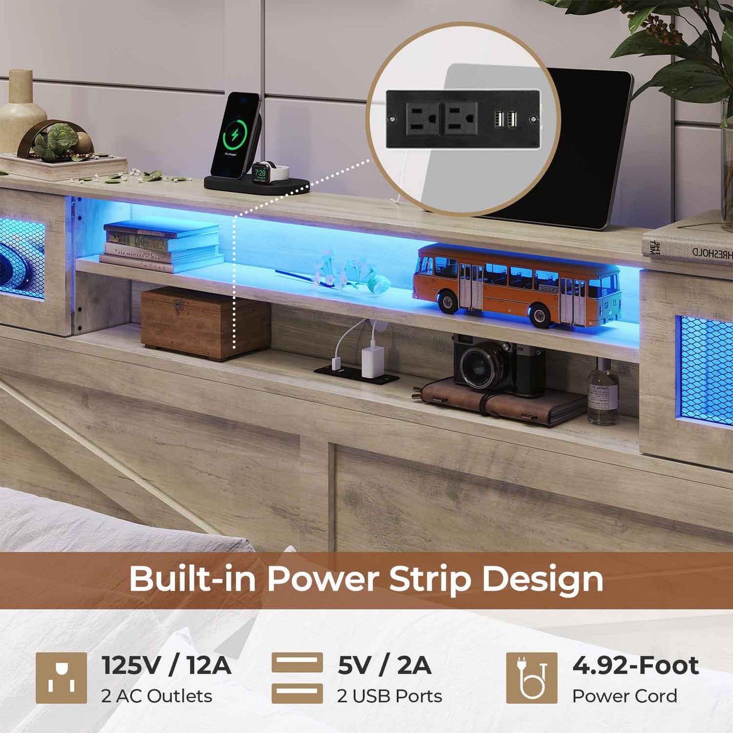 LED Bed Frame with 2 Under Bed Storage Drawers Rustic Oak