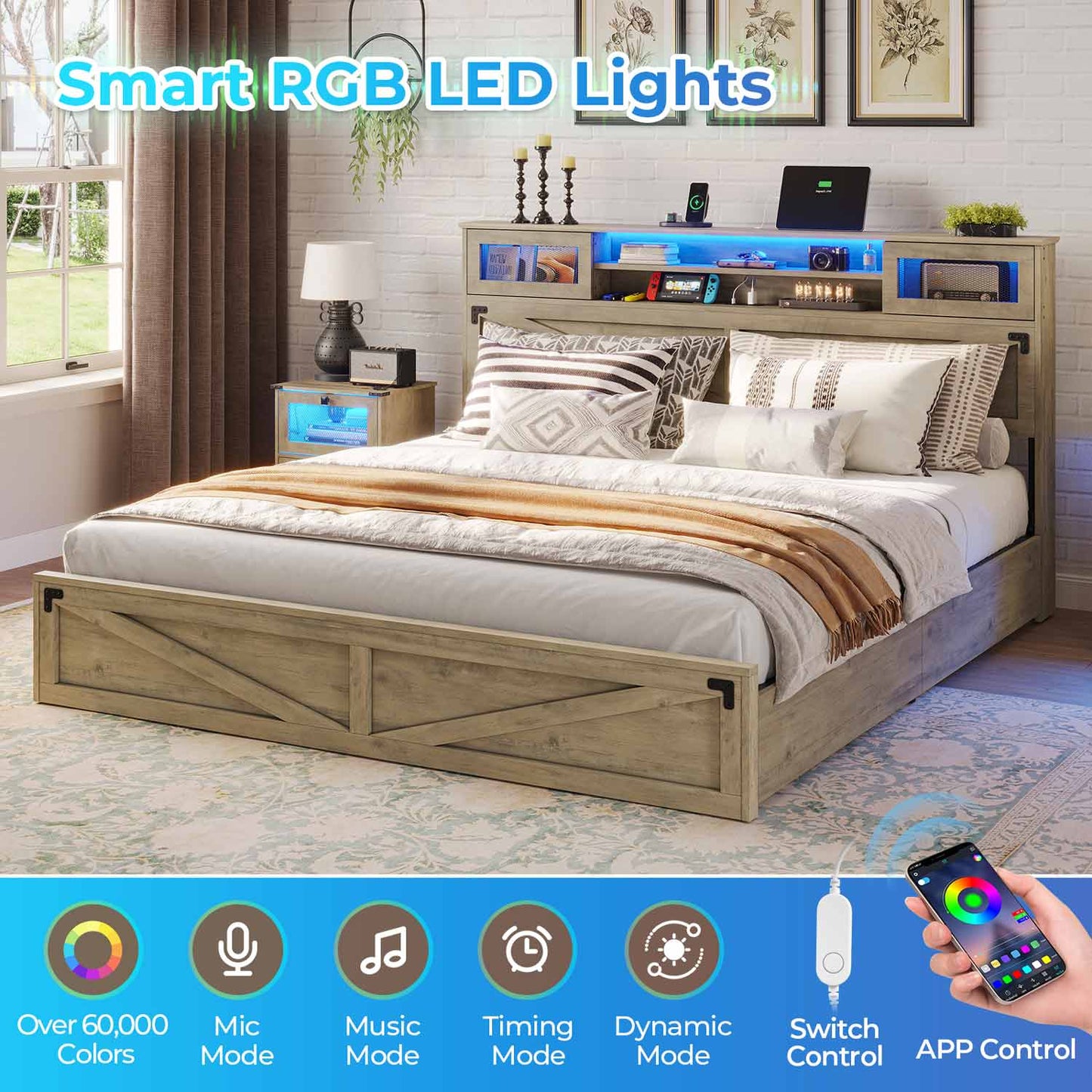 LED Bed Frame with 2 Under Bed Storage Drawers Rustic Oak