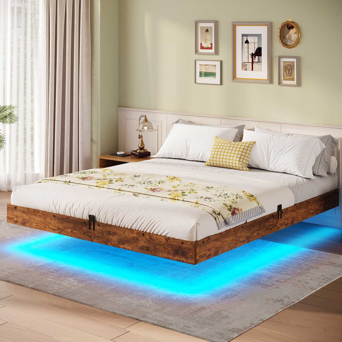 Floating Industrial Wooden Metal Platform Bed Frame Brown