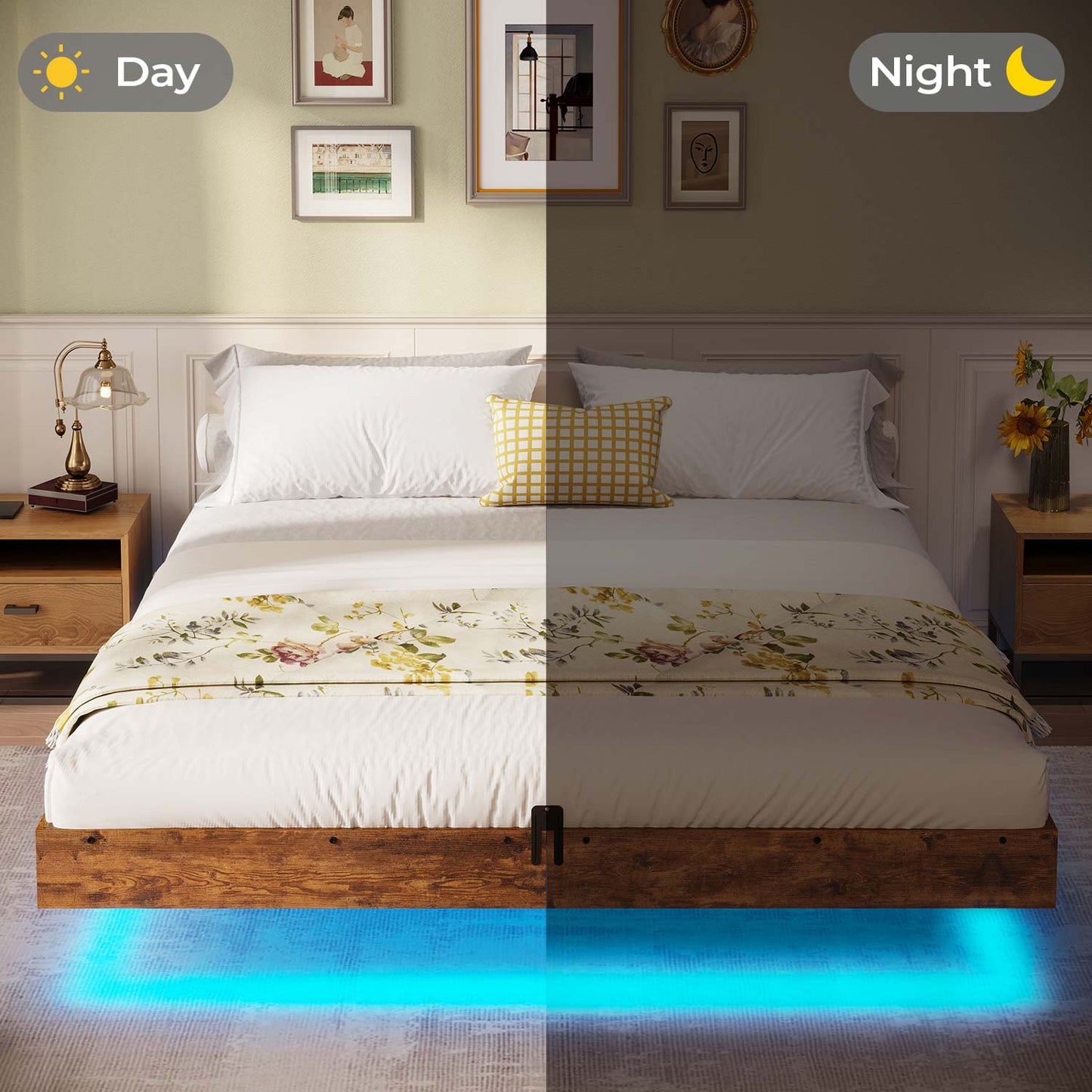 Floating Industrial Wooden Metal Platform Bed Frame Brown