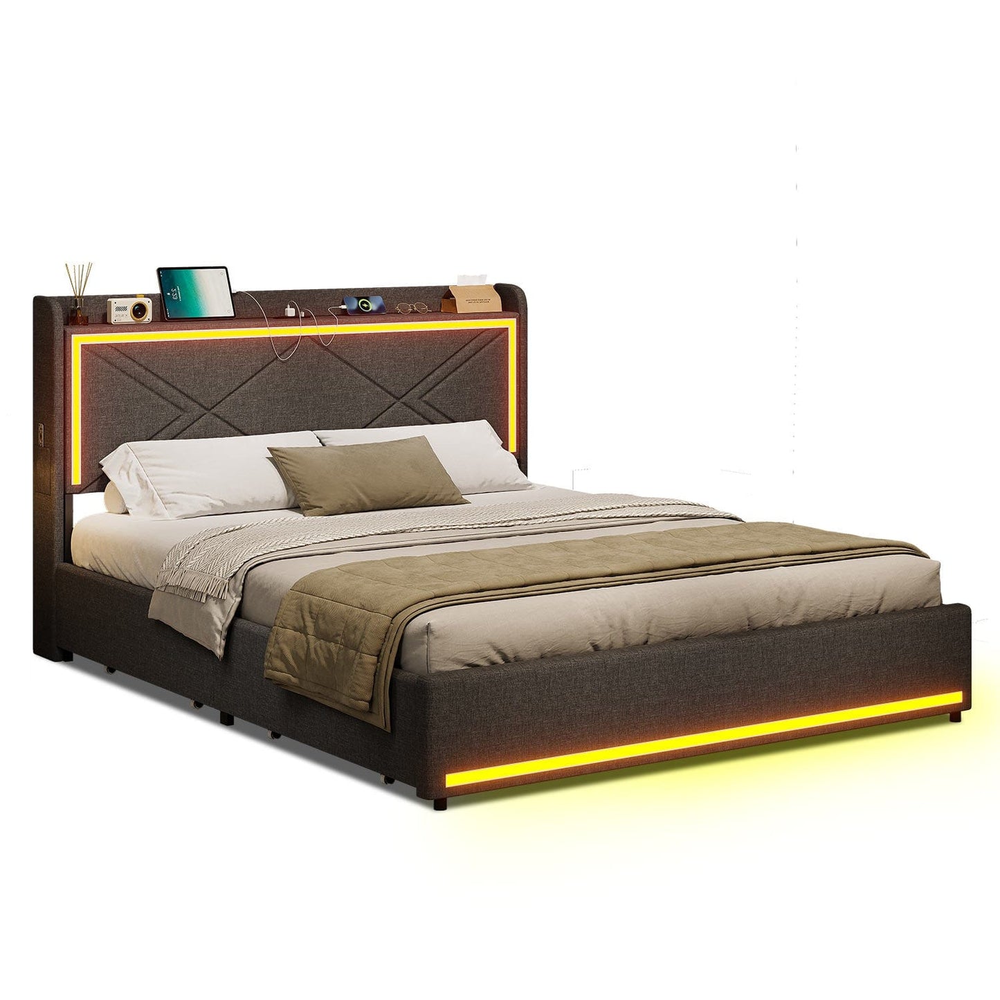 LED PU Leather Upholstered Bed Frame Grey