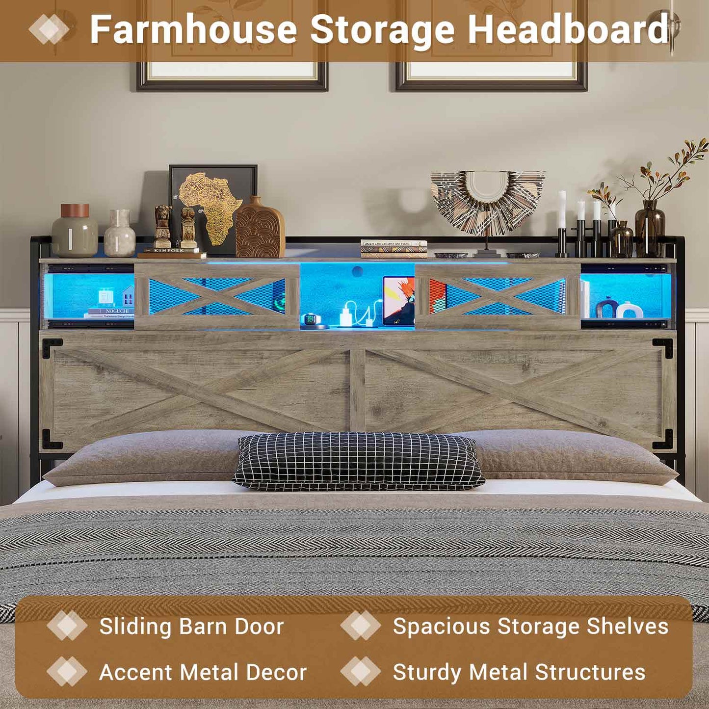 LED Bed Frame with Sliding Barn Door Storage Headboard Grey