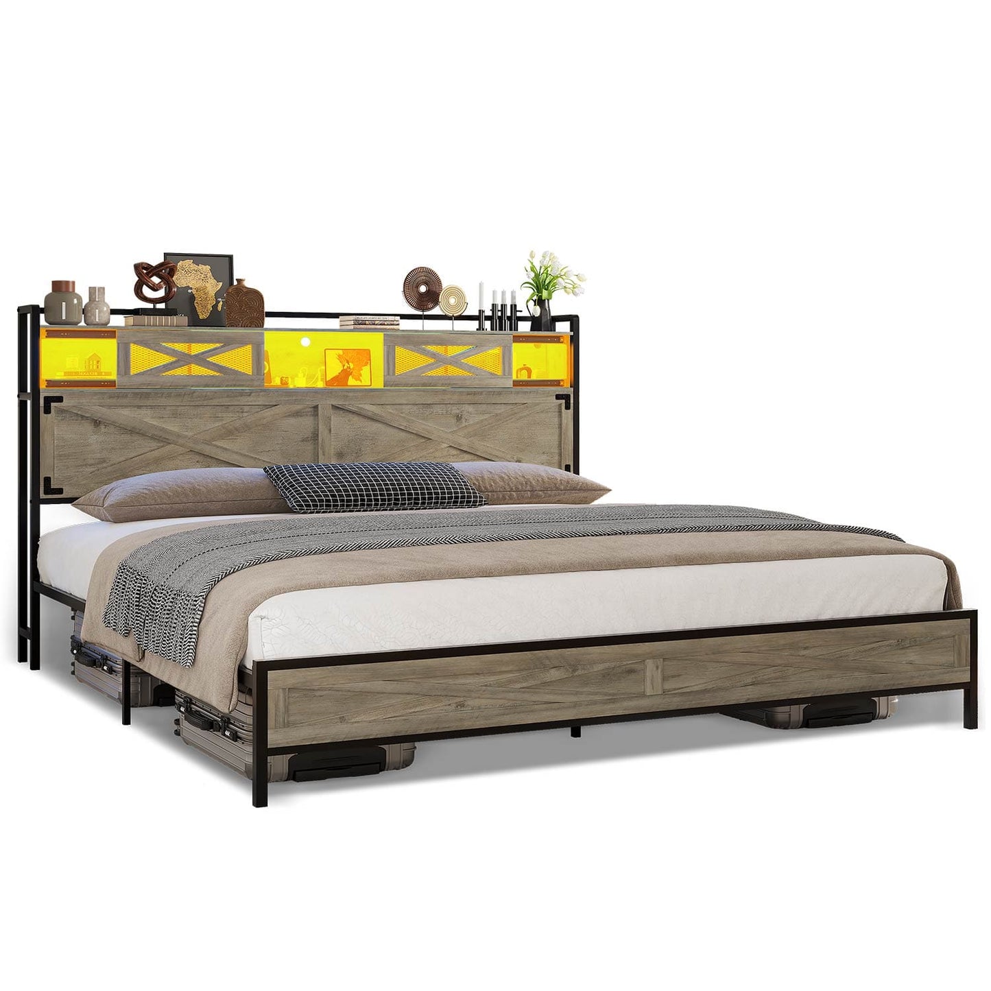 LED Bed Frame with Sliding Barn Door Storage Headboard Grey