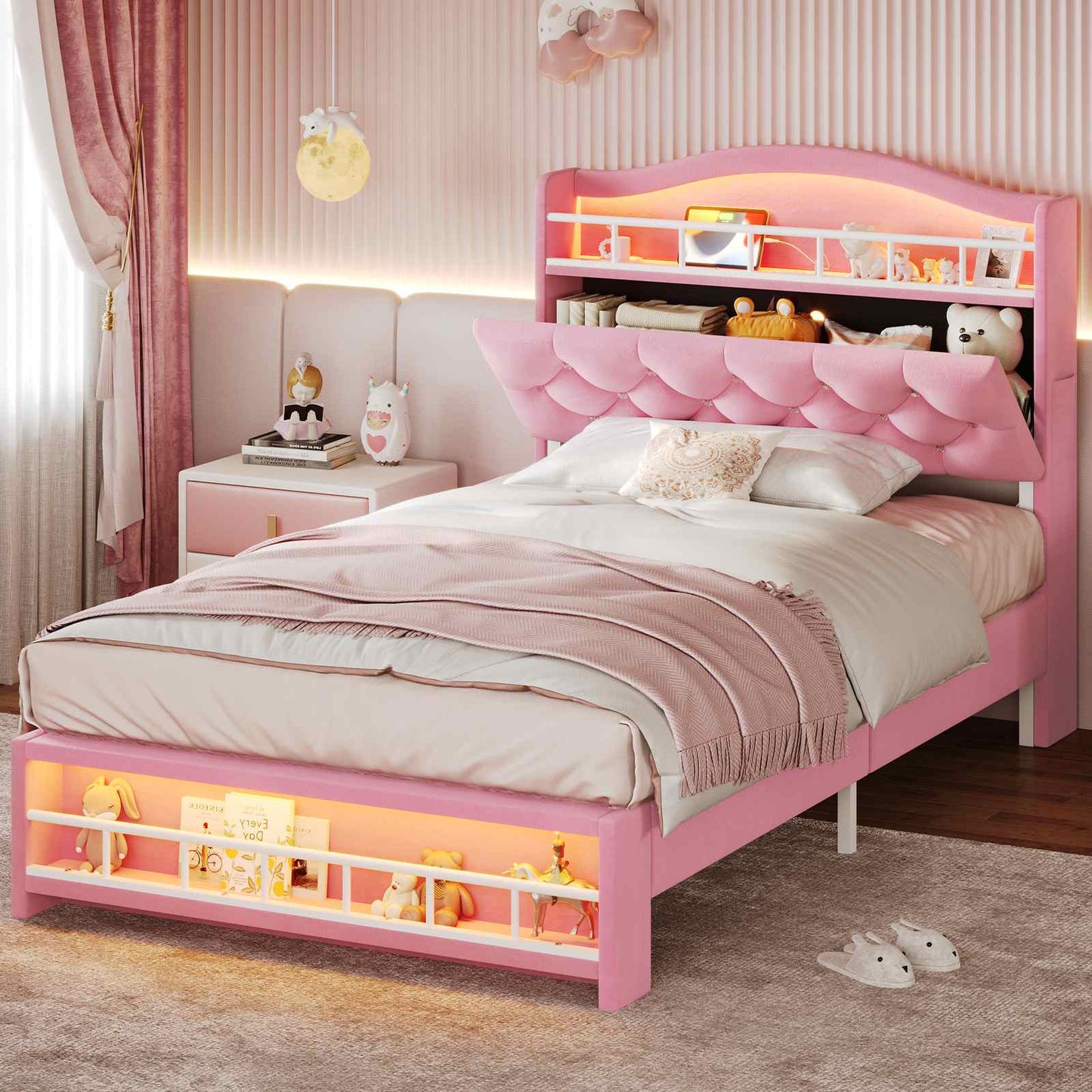 Twin Size Princess Velvet Upholstered LED Bed Frame Pink