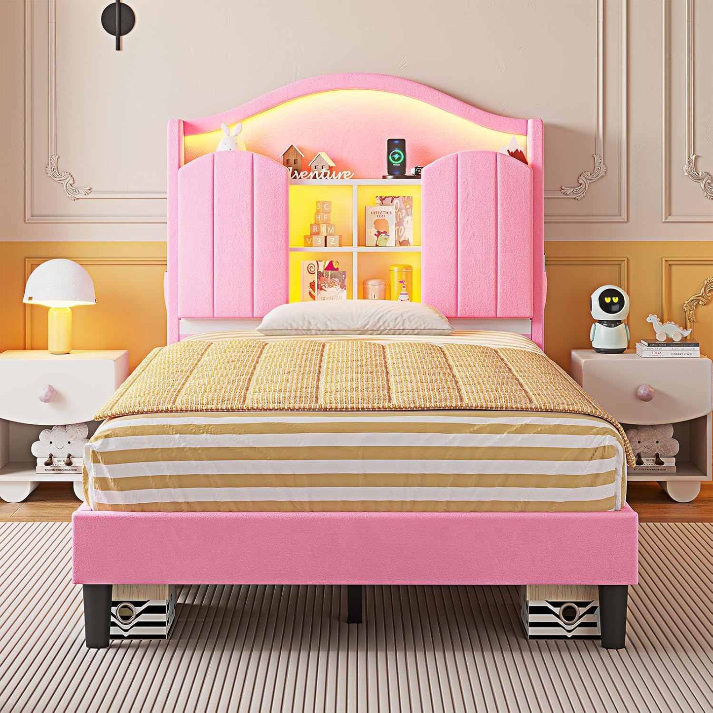 Twin Size LED Bed Frame with Charging Station and Storage Headboard Pink