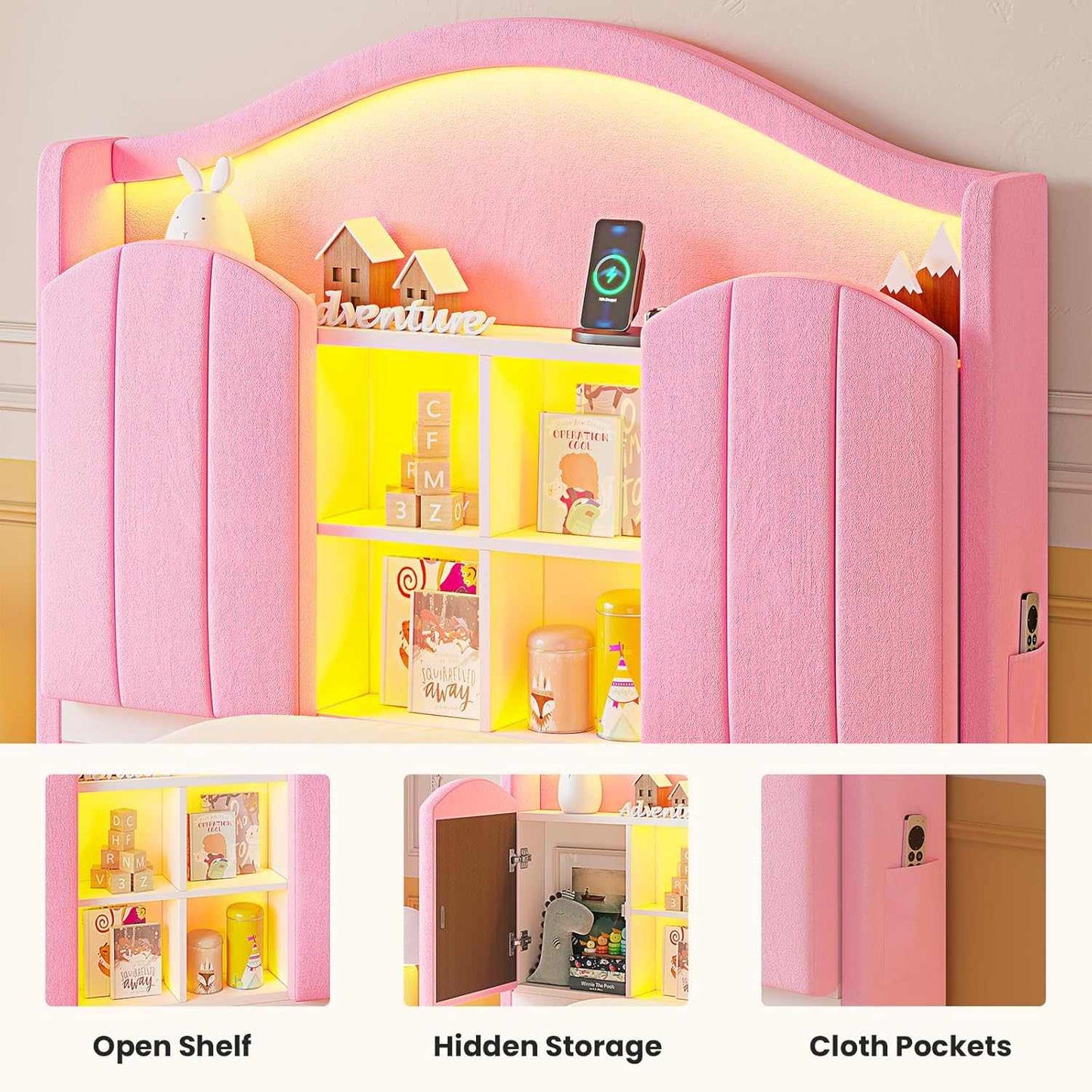 Twin Size LED Bed Frame with Charging Station and Storage Headboard Pink