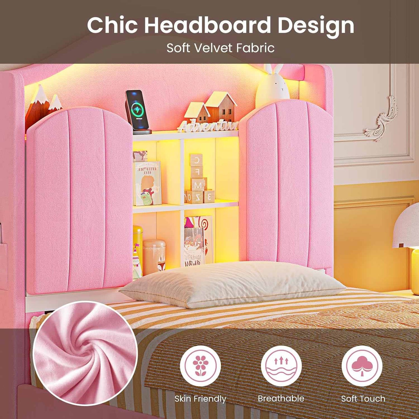 Twin Size LED Bed Frame with Charging Station and Storage Headboard Pink