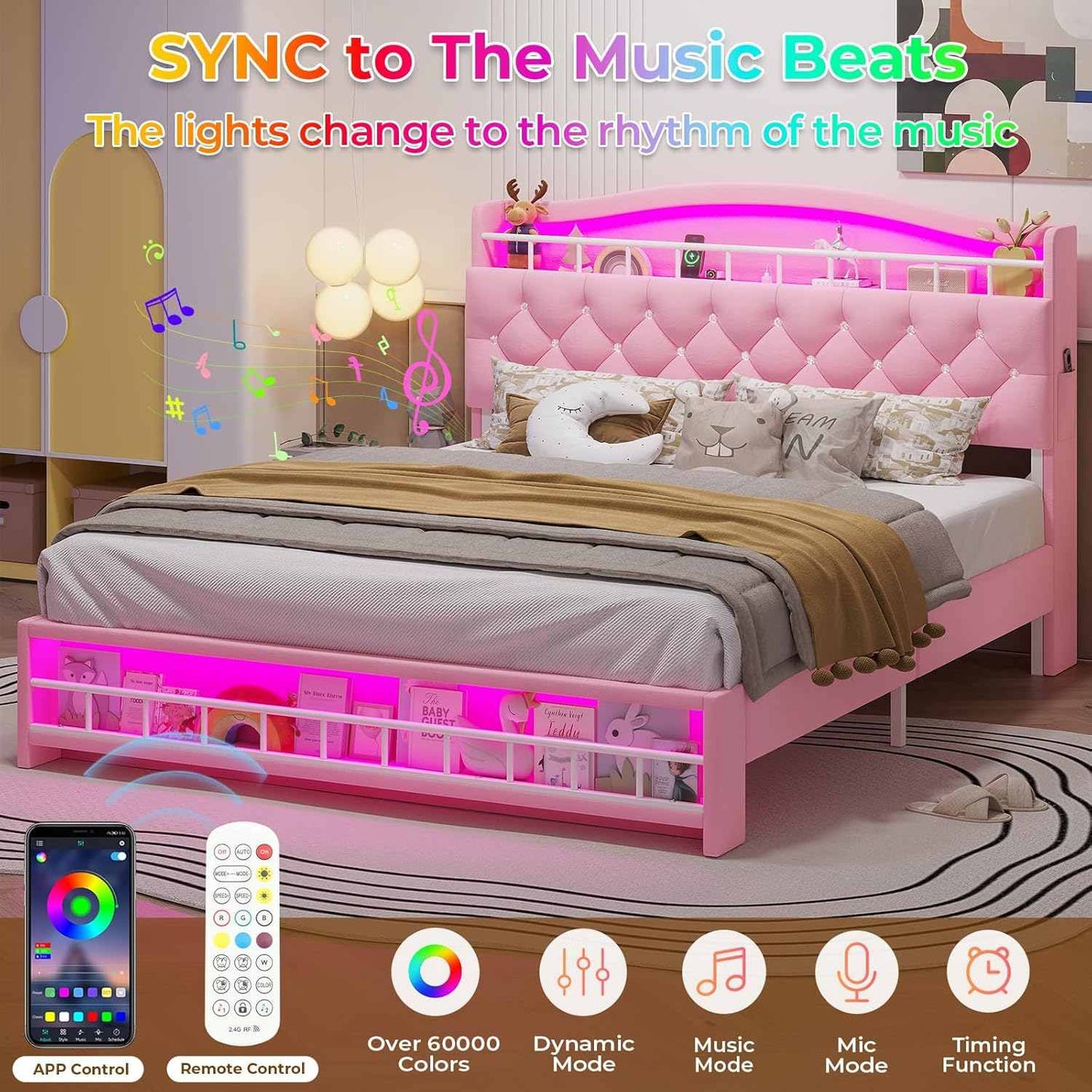 Queen Princess Velvet Upholstered LED Bed Frame Pink