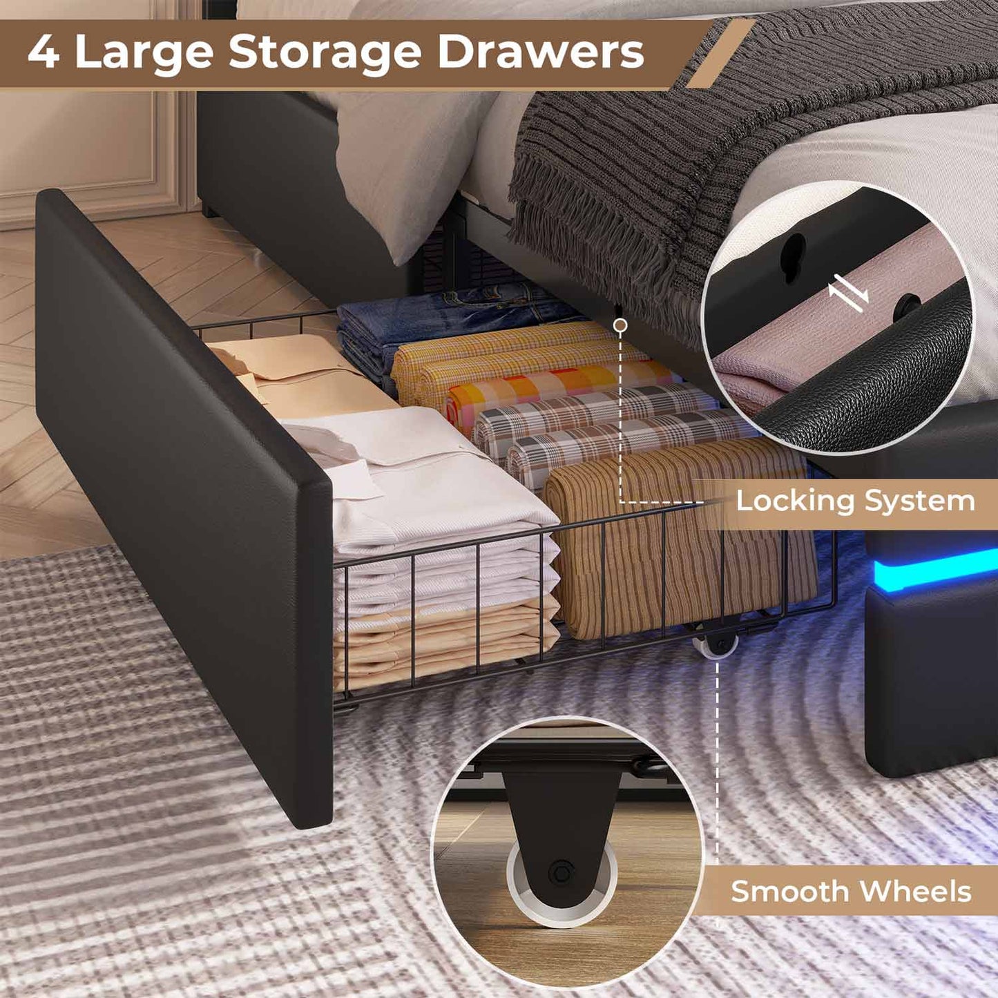 LED Bed Frame with Charging Station Black