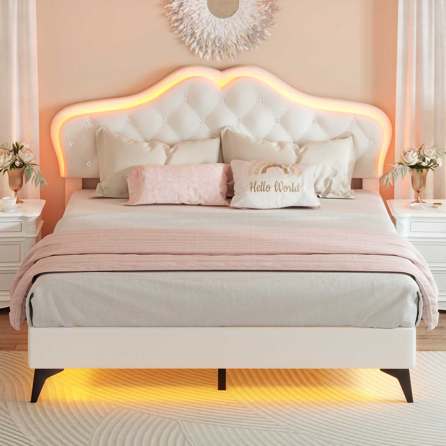 Velvet Princess LED Bed Frame with Adjustable Headboard White