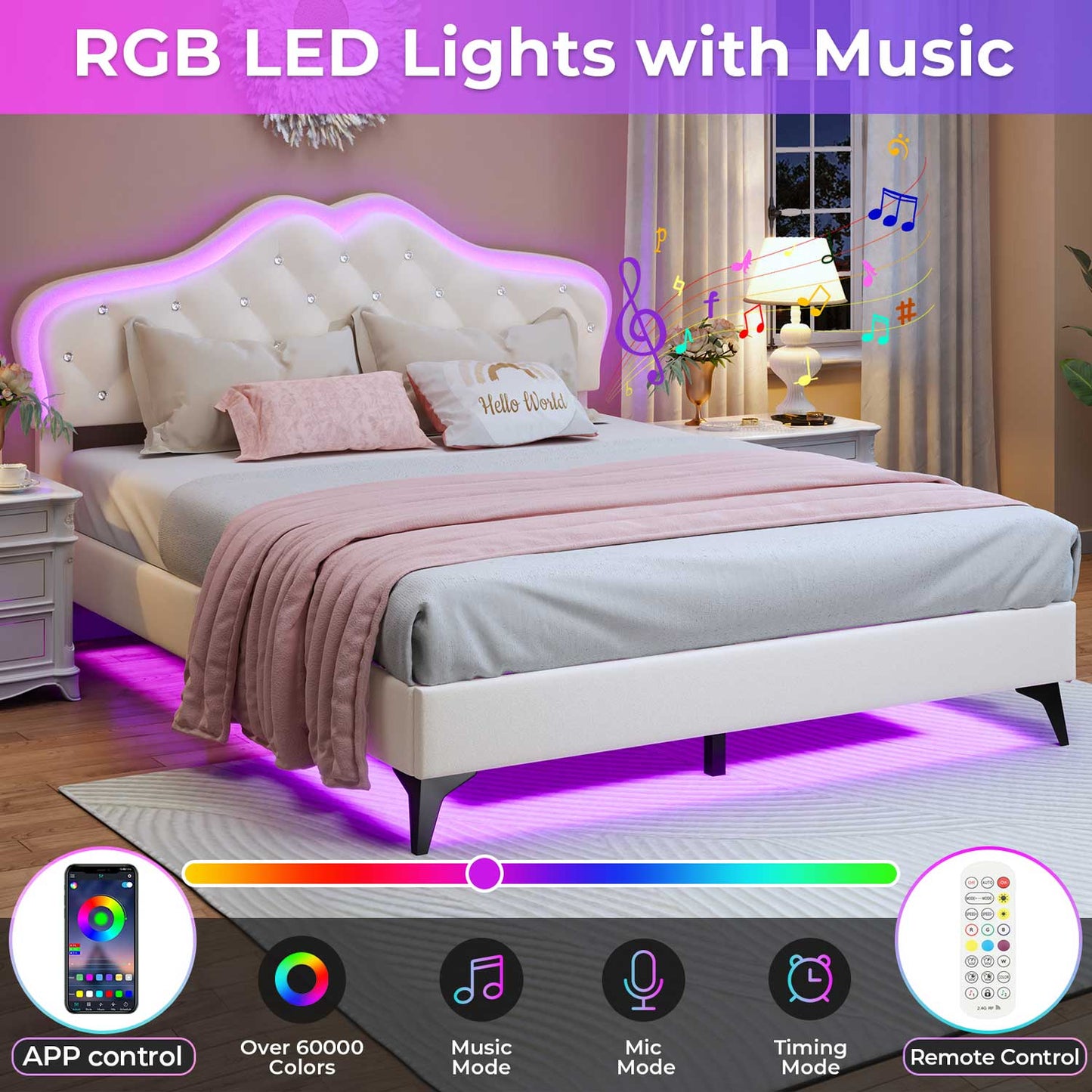 Velvet Princess LED Bed Frame with Adjustable Headboard White