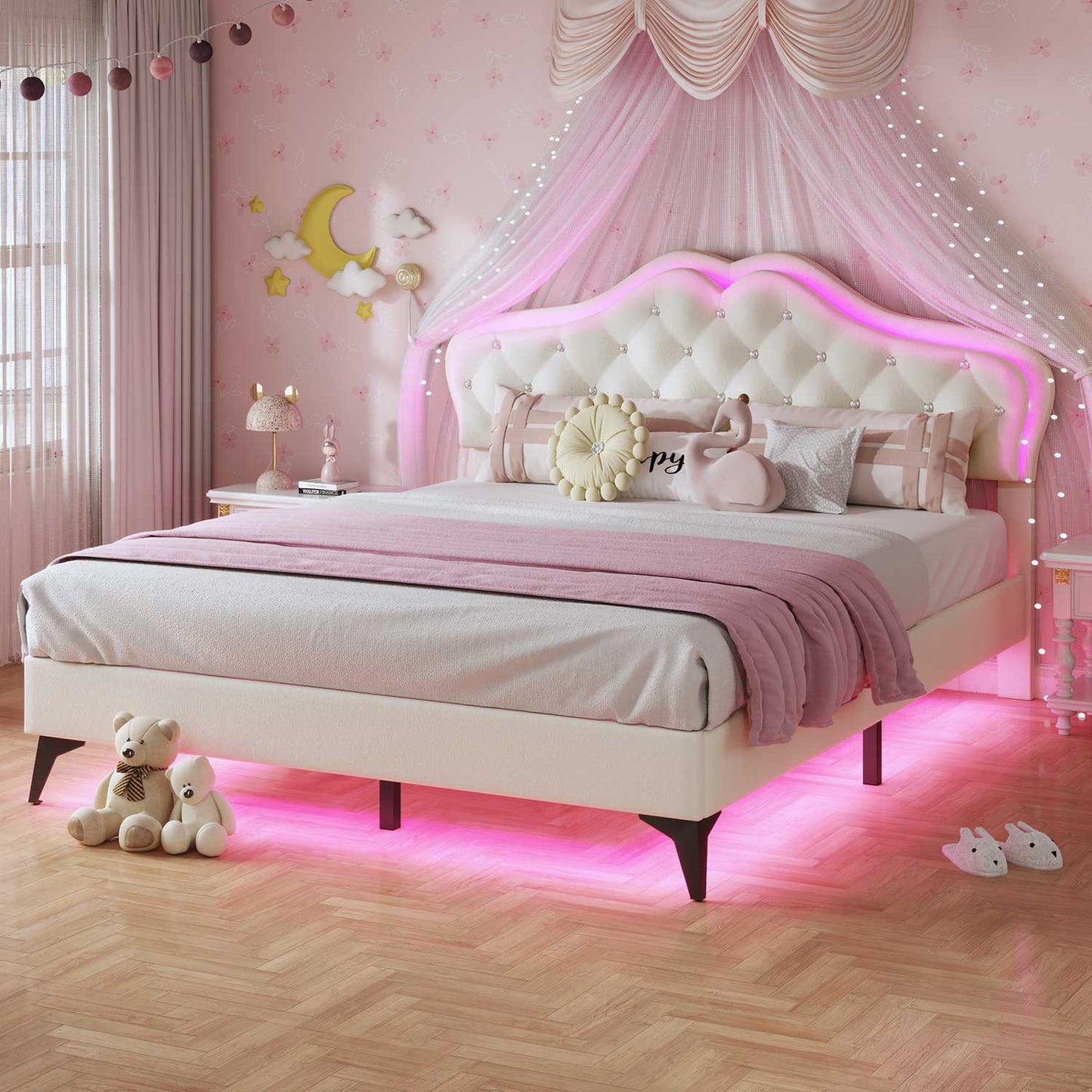 Velvet Princess LED Bed Frame with Adjustable Headboard White