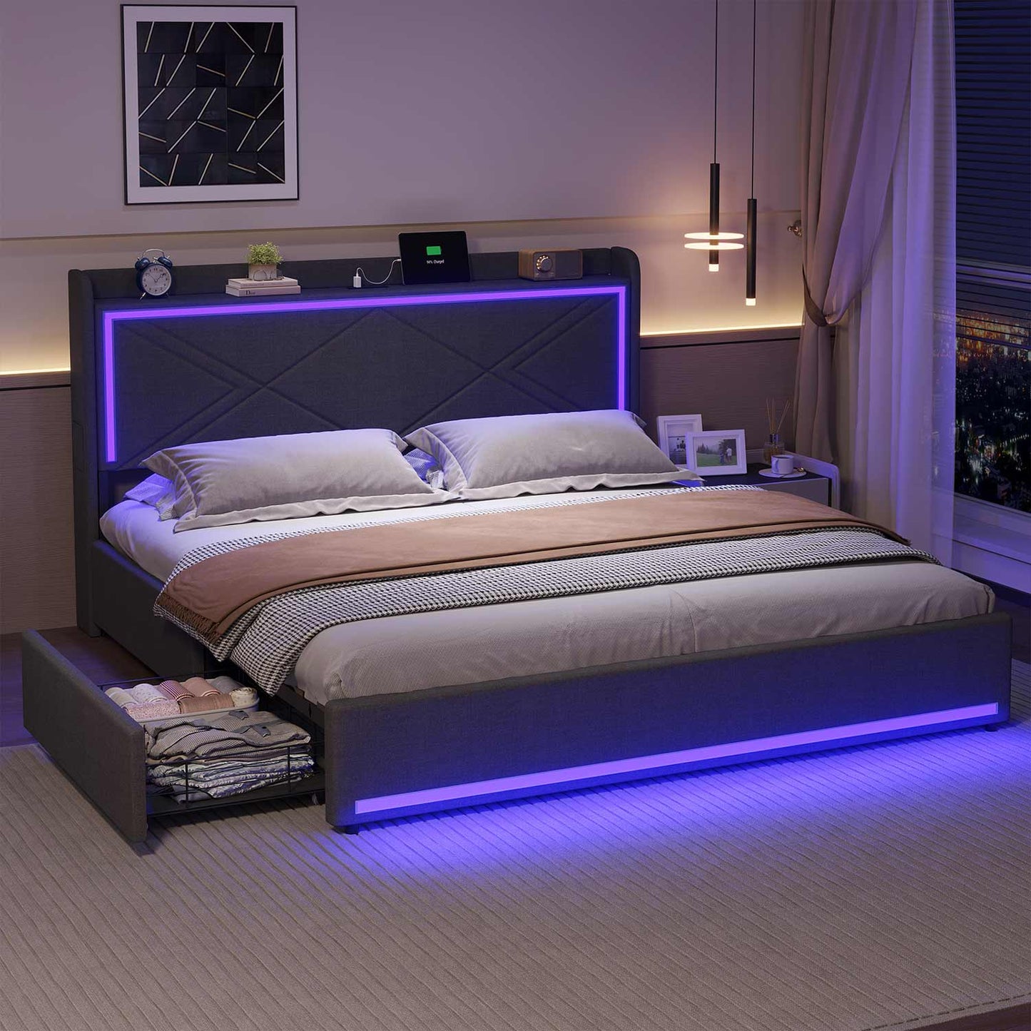 LED PU Leather Upholstered Bed Frame Grey