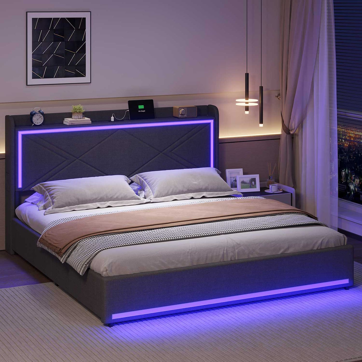 LED PU Leather Upholstered Bed Frame Grey