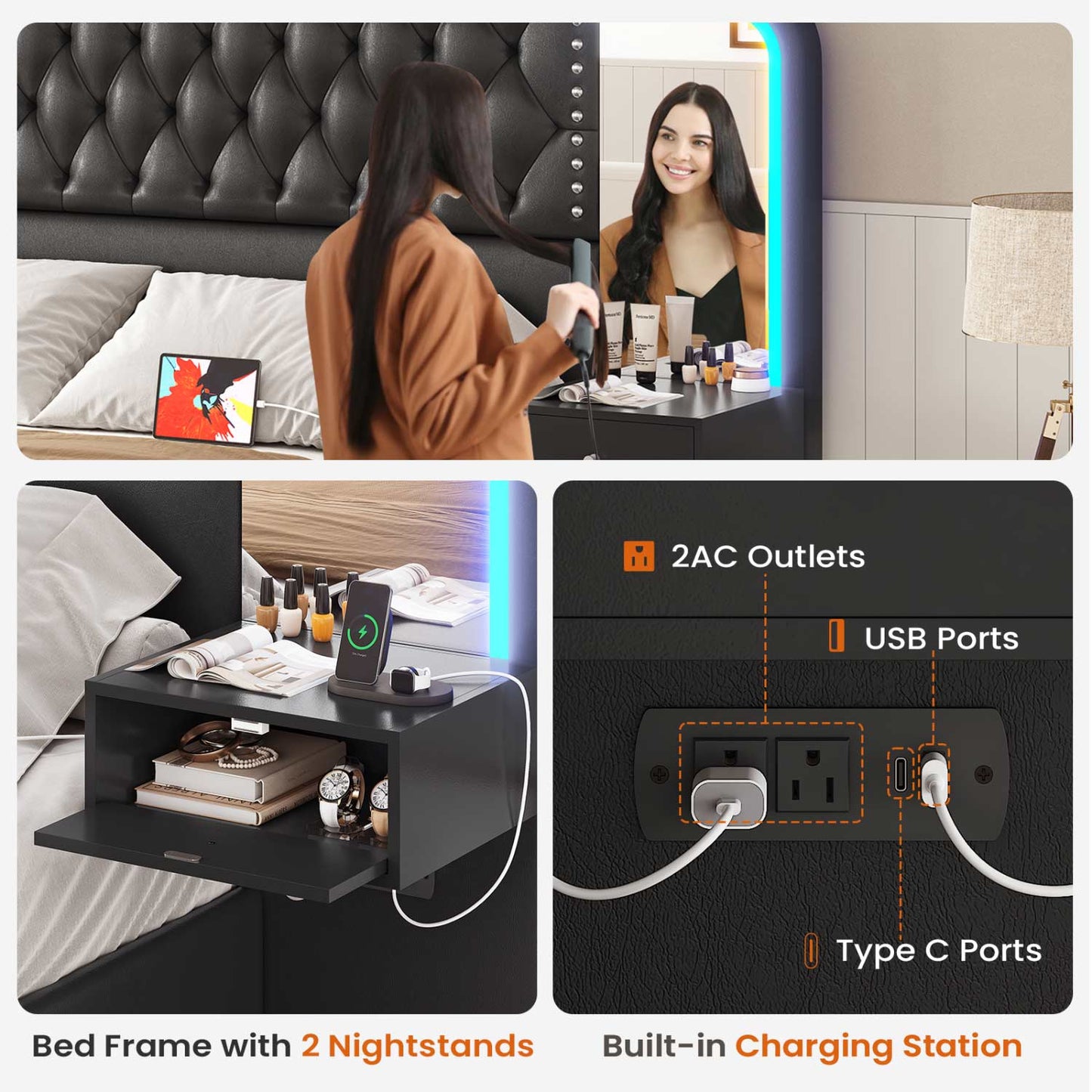 PU Leather Upholstered LED Bed Frame with 2 Nightstands 2 Mirrors Black