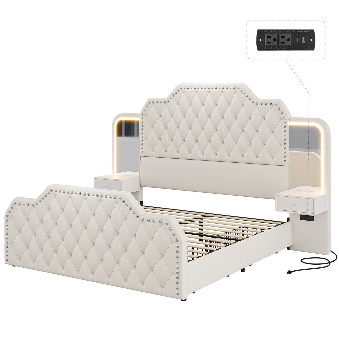 PU Leather Upholstered LED Bed Frame with 2 Nightstands White
