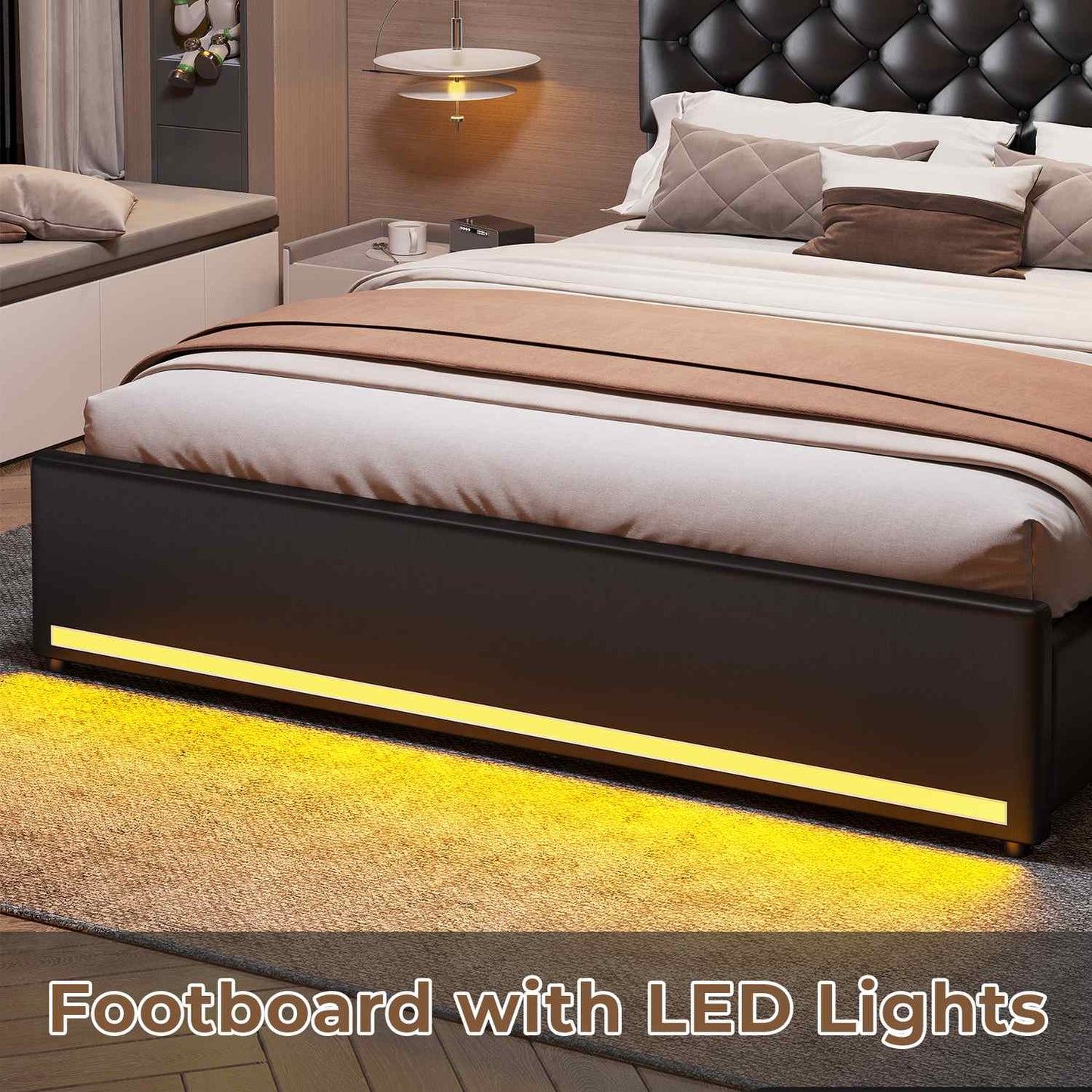 PU Leather Upholstered Bed Frame with LED Lights Black
