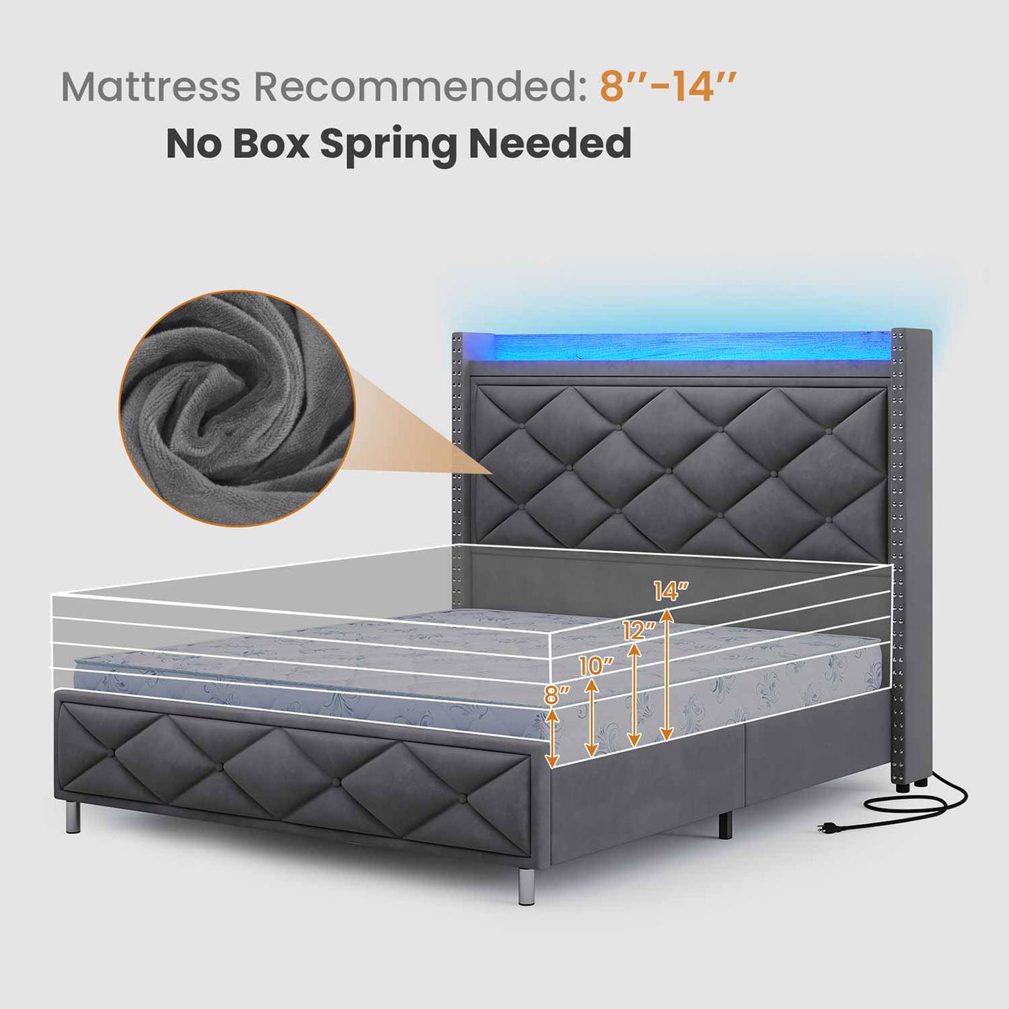 Velvet Upholstered Bed Frame with Tall Headboard Dark Gray