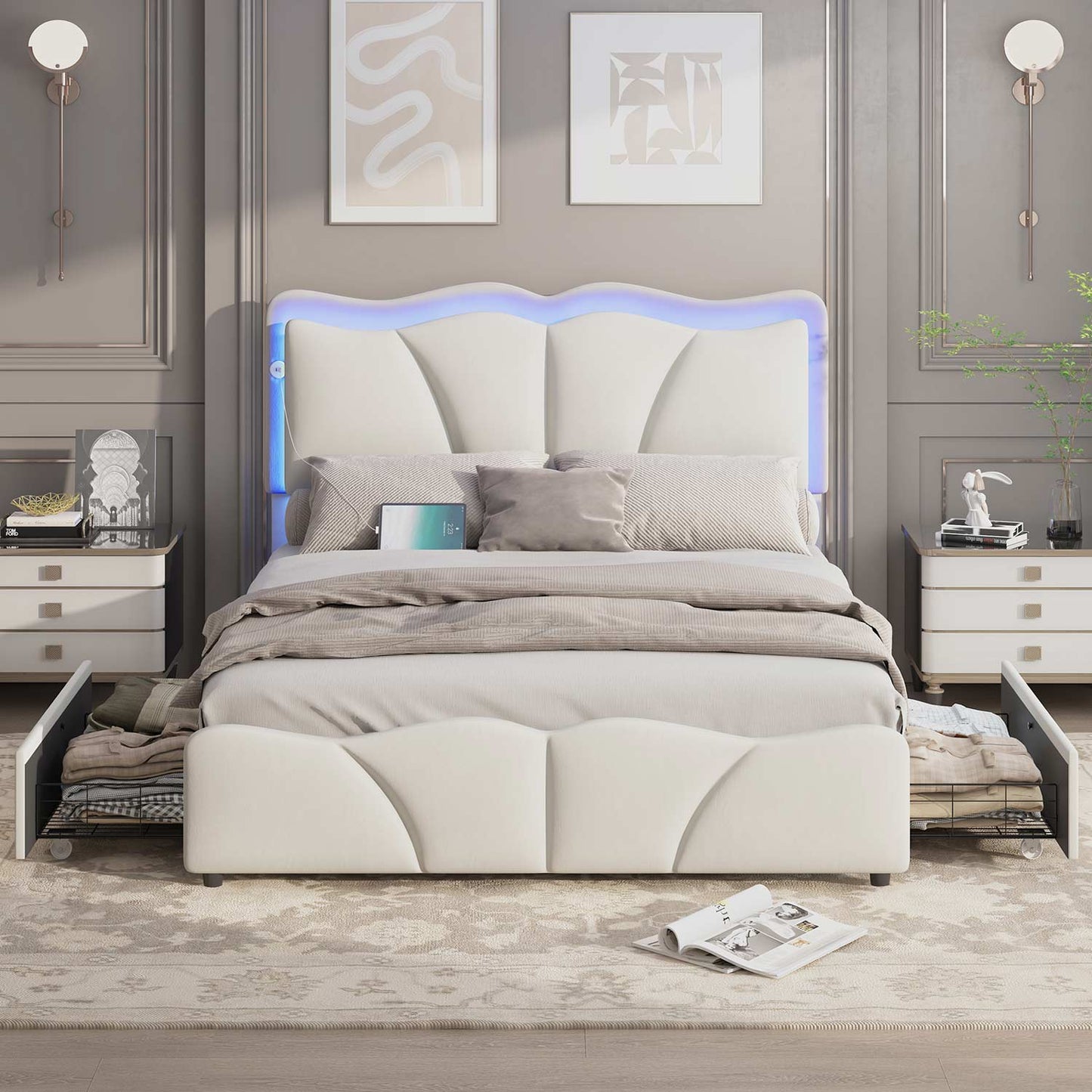 Velvet Upholstered LED Bed Frame with Charging Station White