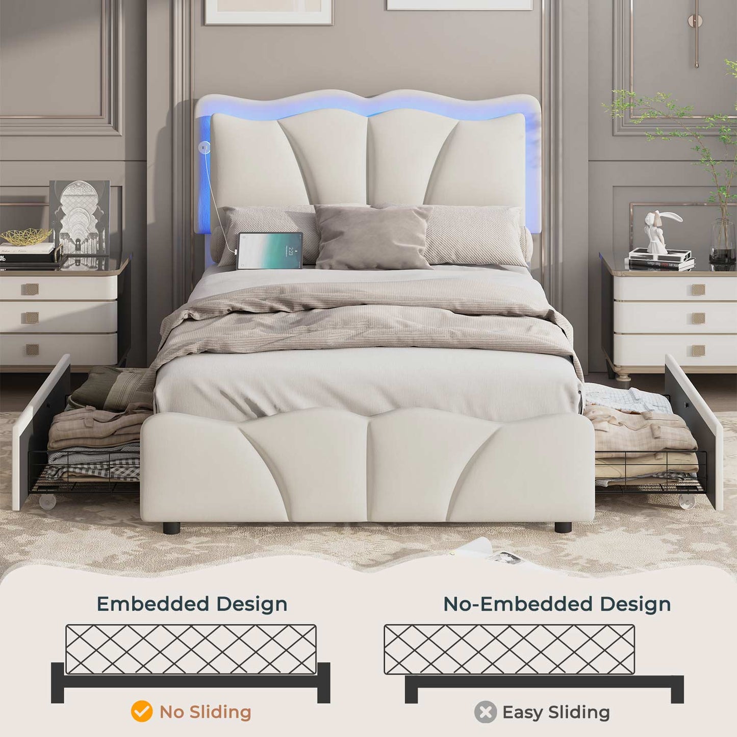 Velvet Upholstered LED Bed Frame with Charging Station White