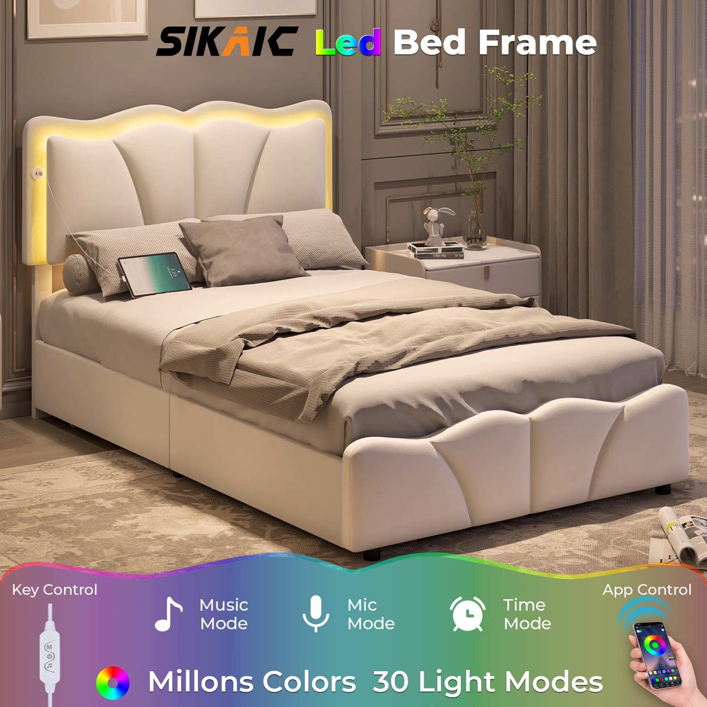 Velvet Upholstered LED Bed Frame with Charging Station White