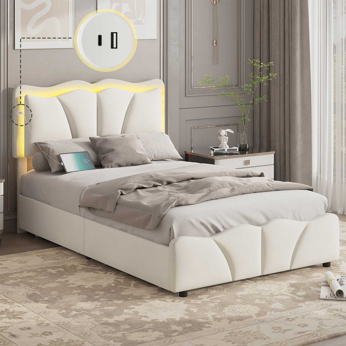 Velvet Upholstered LED Bed Frame with Charging Station White