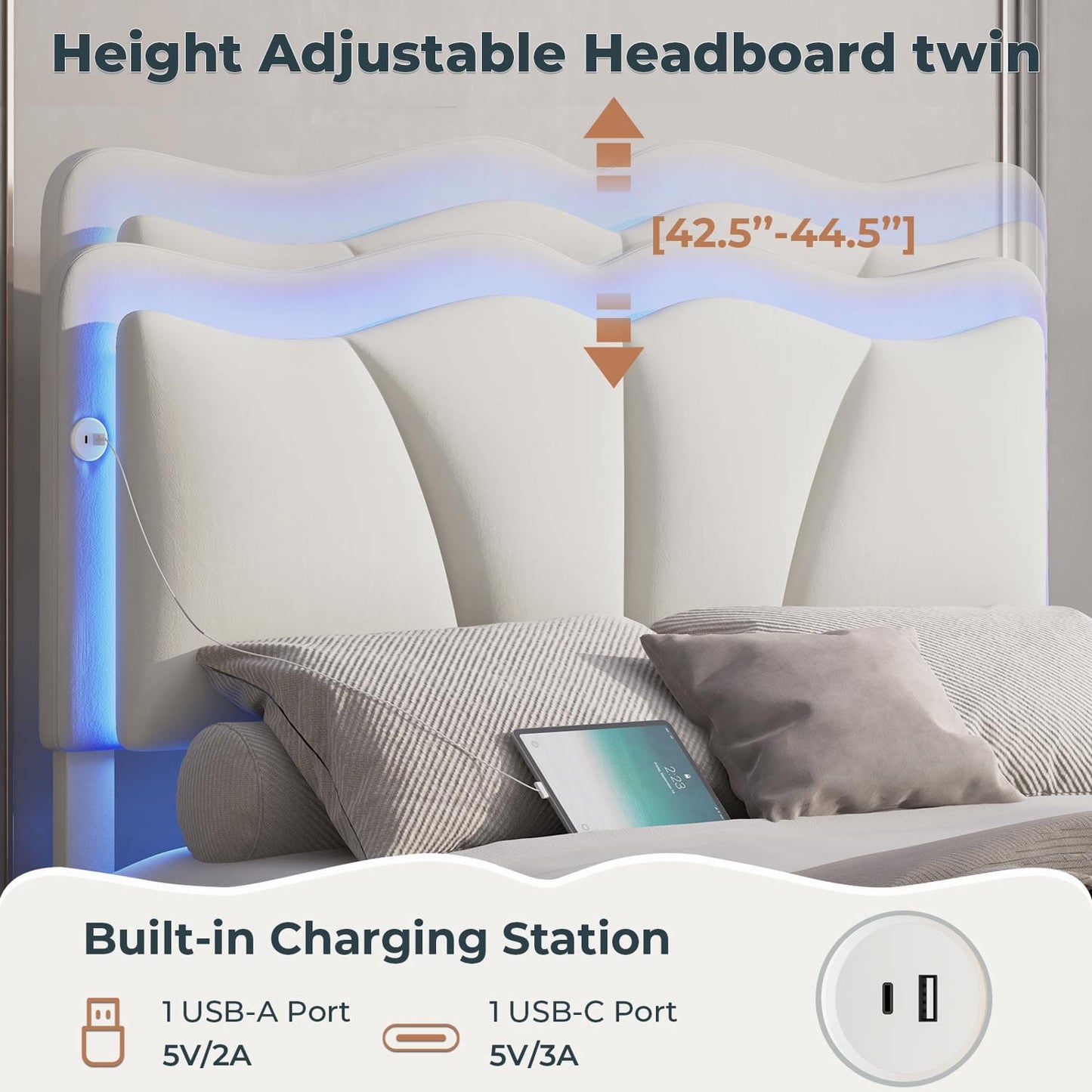 Velvet Upholstered LED Bed Frame with Charging Station White