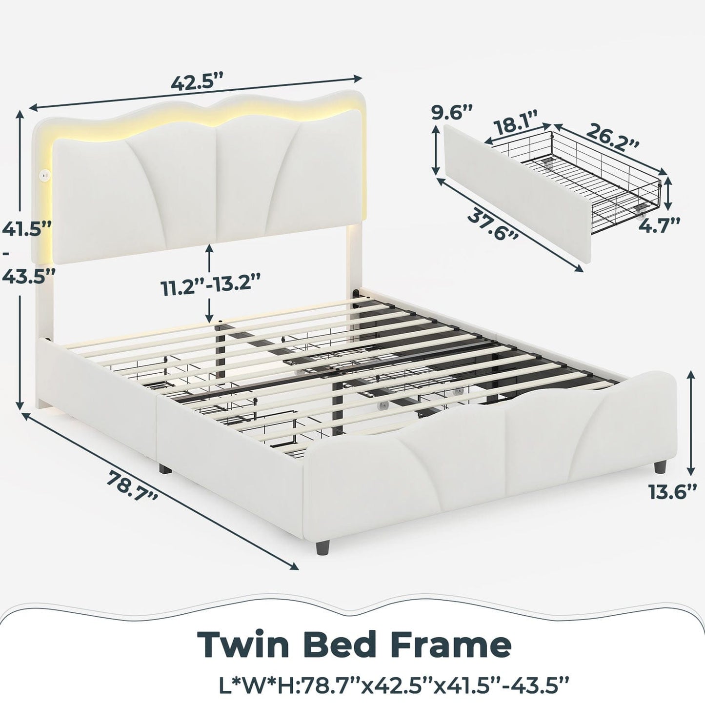 Velvet Upholstered LED Bed Frame with Charging Station White