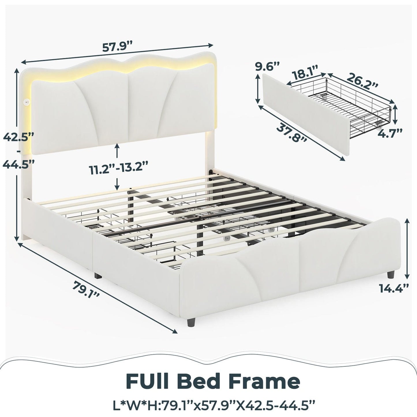 Velvet Upholstered LED Bed Frame with Charging Station White