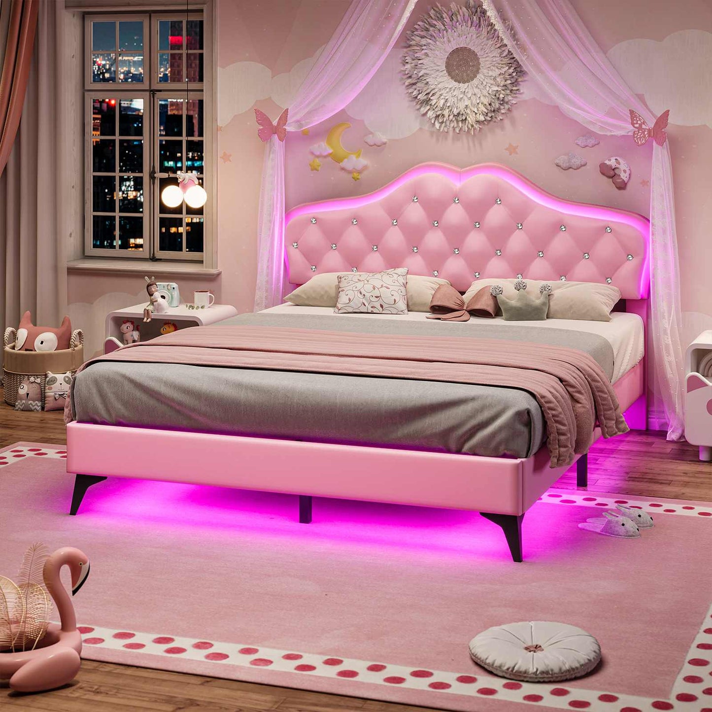 Velvet Princess Bed Frame with Adjustable Headboard Pink