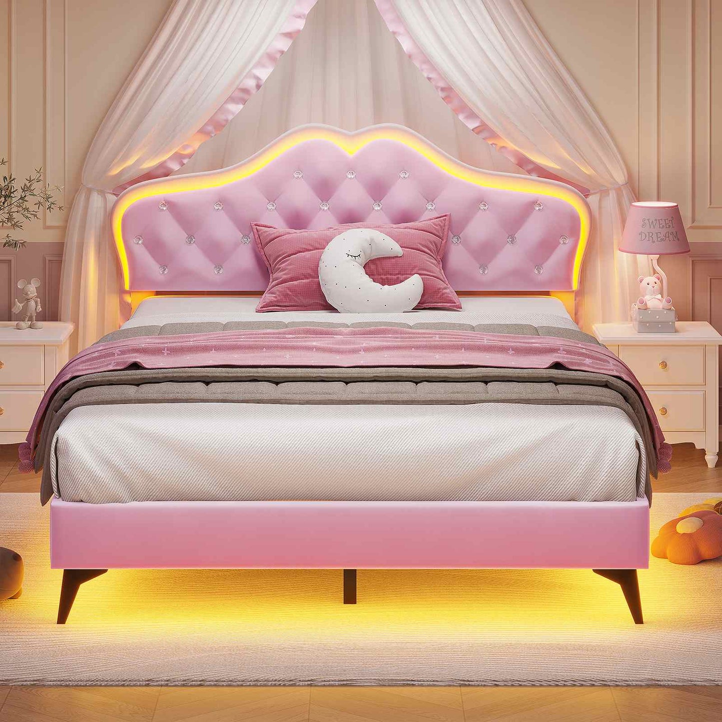 Velvet Princess Bed Frame with Adjustable Headboard Pink