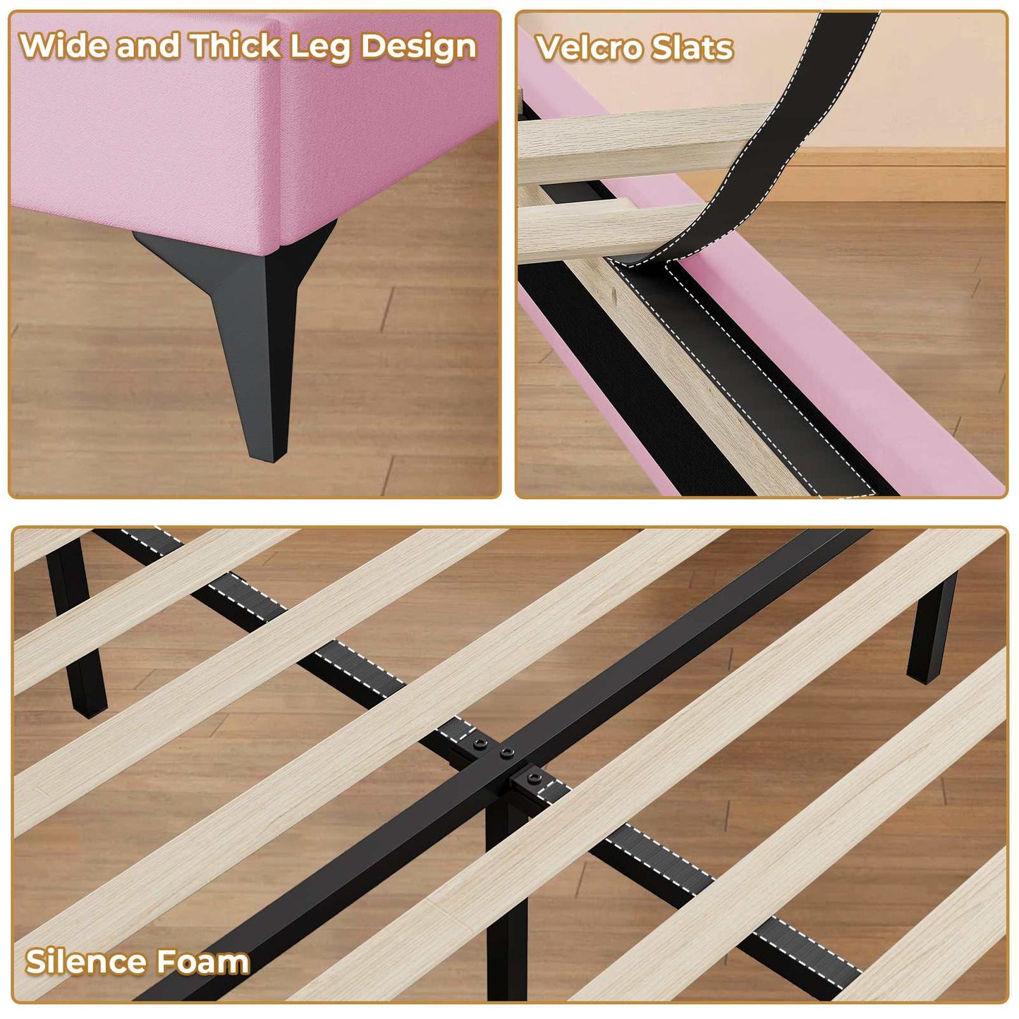 Velvet Princess Bed Frame with Adjustable Headboard Pink