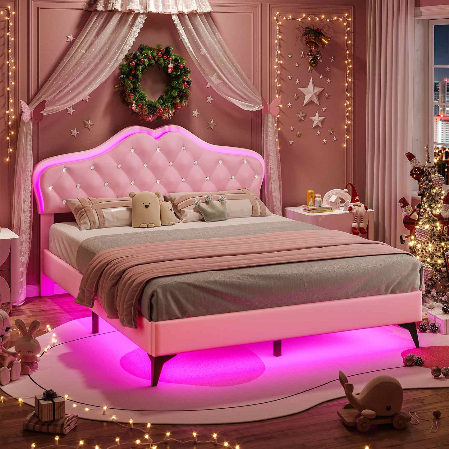 Velvet Princess Bed Frame with Adjustable Headboard Pink