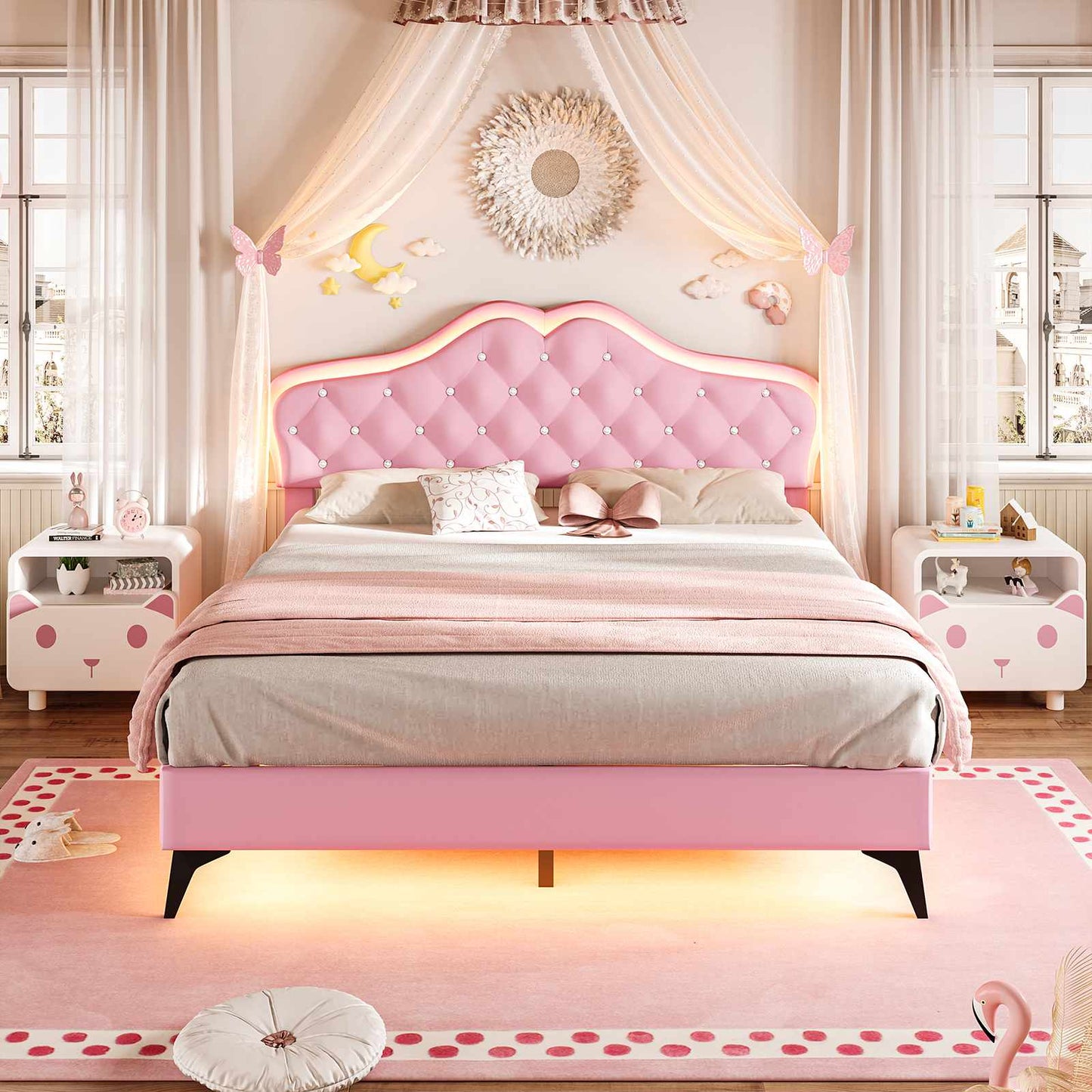 Velvet Princess Bed Frame with Adjustable Headboard Pink
