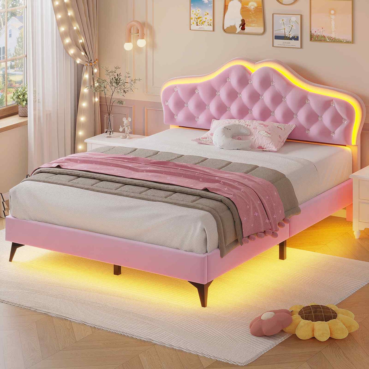 Velvet Princess Bed Frame with Adjustable Headboard Pink