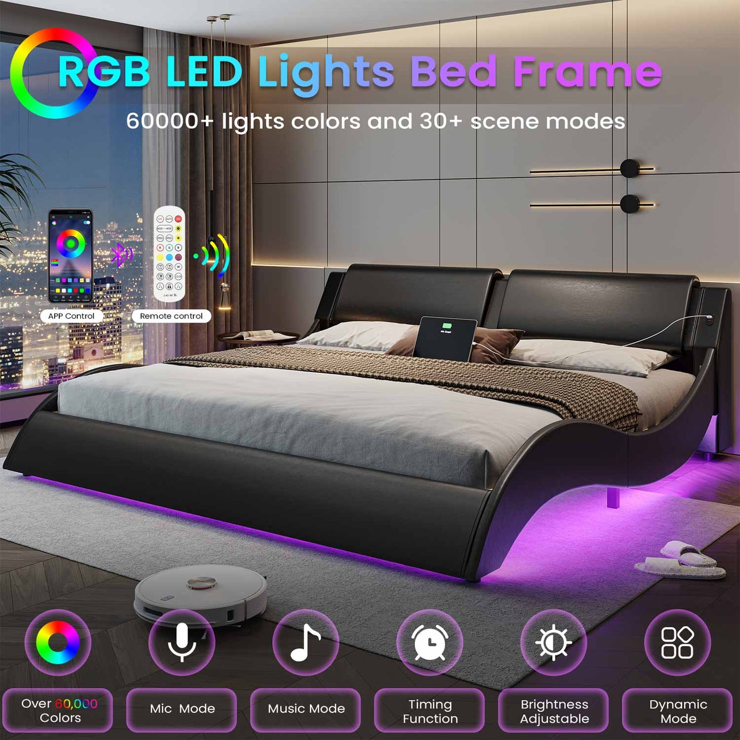 Wave Like Curve LED Bed Frame with Charging Station Black