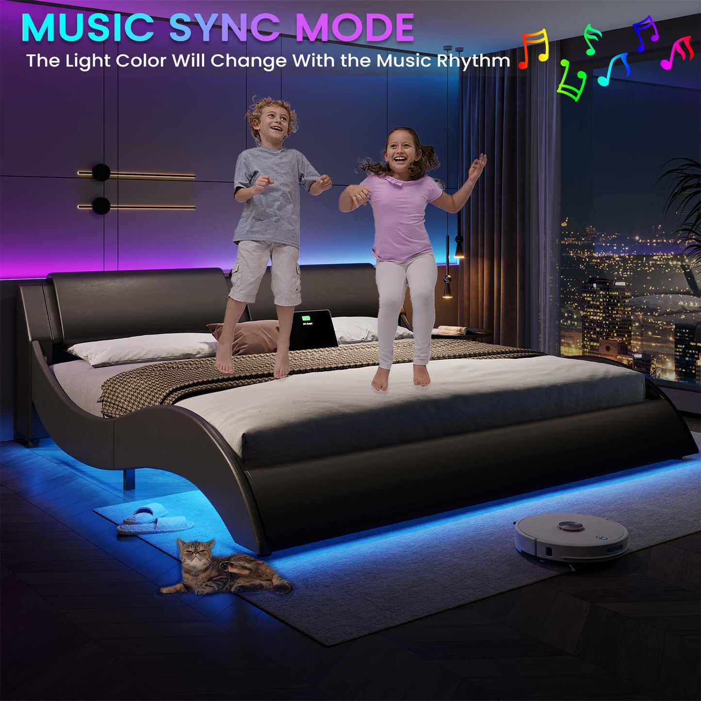 Wave Like Curve LED Bed Frame with Charging Station Black