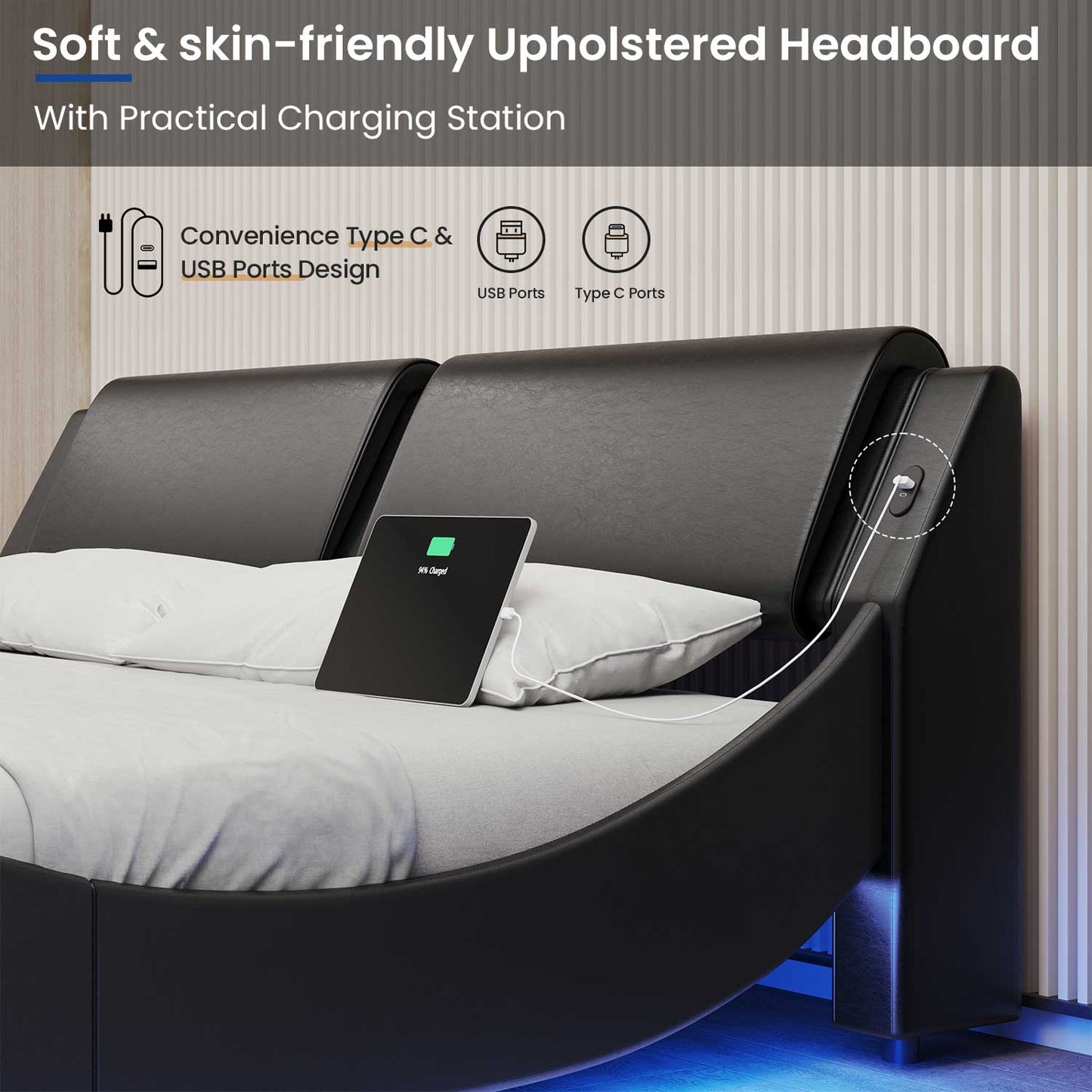 Wave Like Curve LED Bed Frame with Charging Station Black