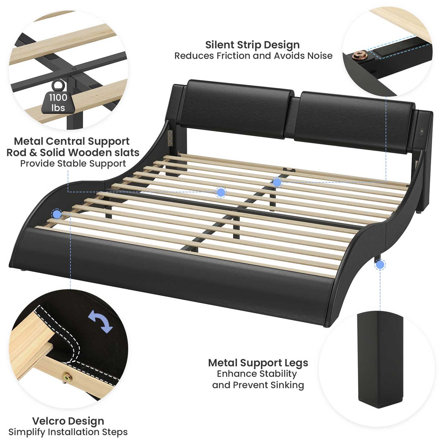 Wave Like Curve LED Bed Frame with Charging Station Black