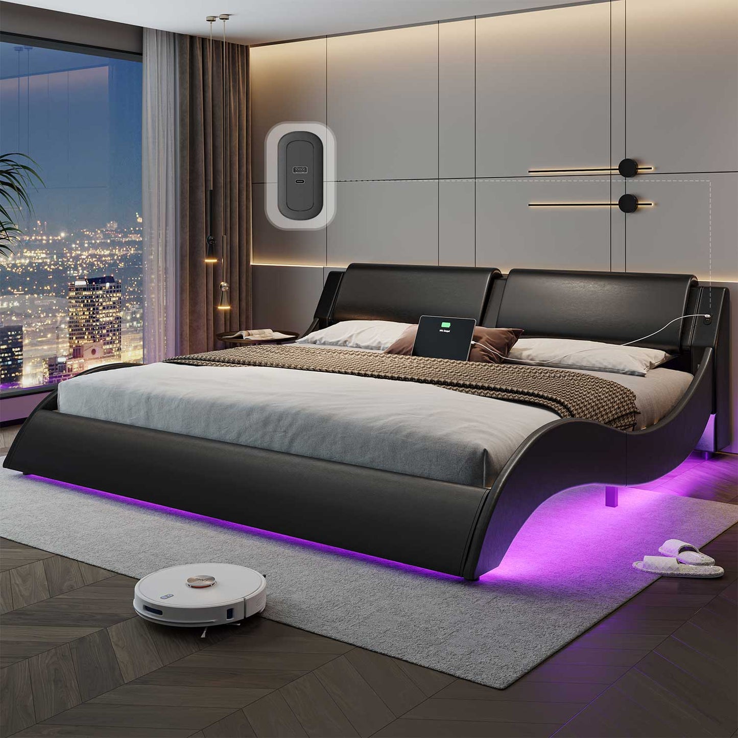 Wave Like Curve LED Bed Frame with Charging Station Black