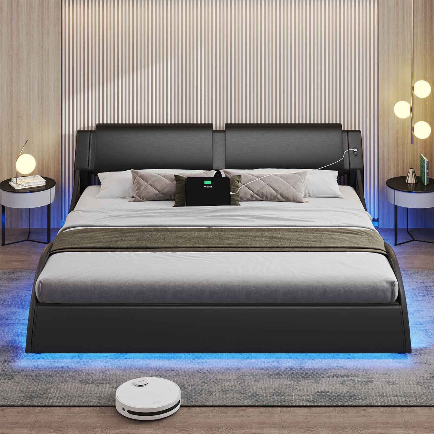 Wave Like Curve LED Bed Frame with Charging Station Black