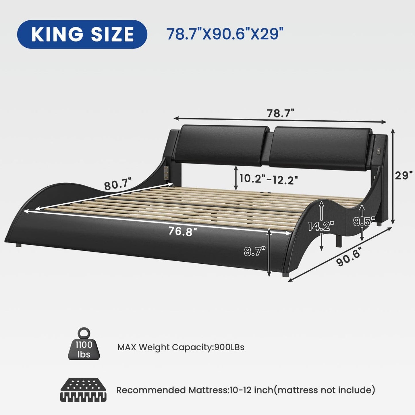 Wave Like Curve LED Bed Frame with Charging Station Black