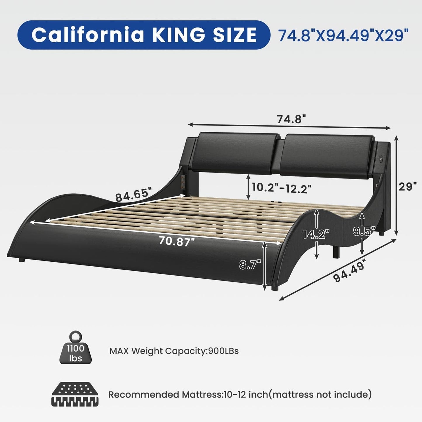 Wave Like Curve LED Bed Frame with Charging Station Black