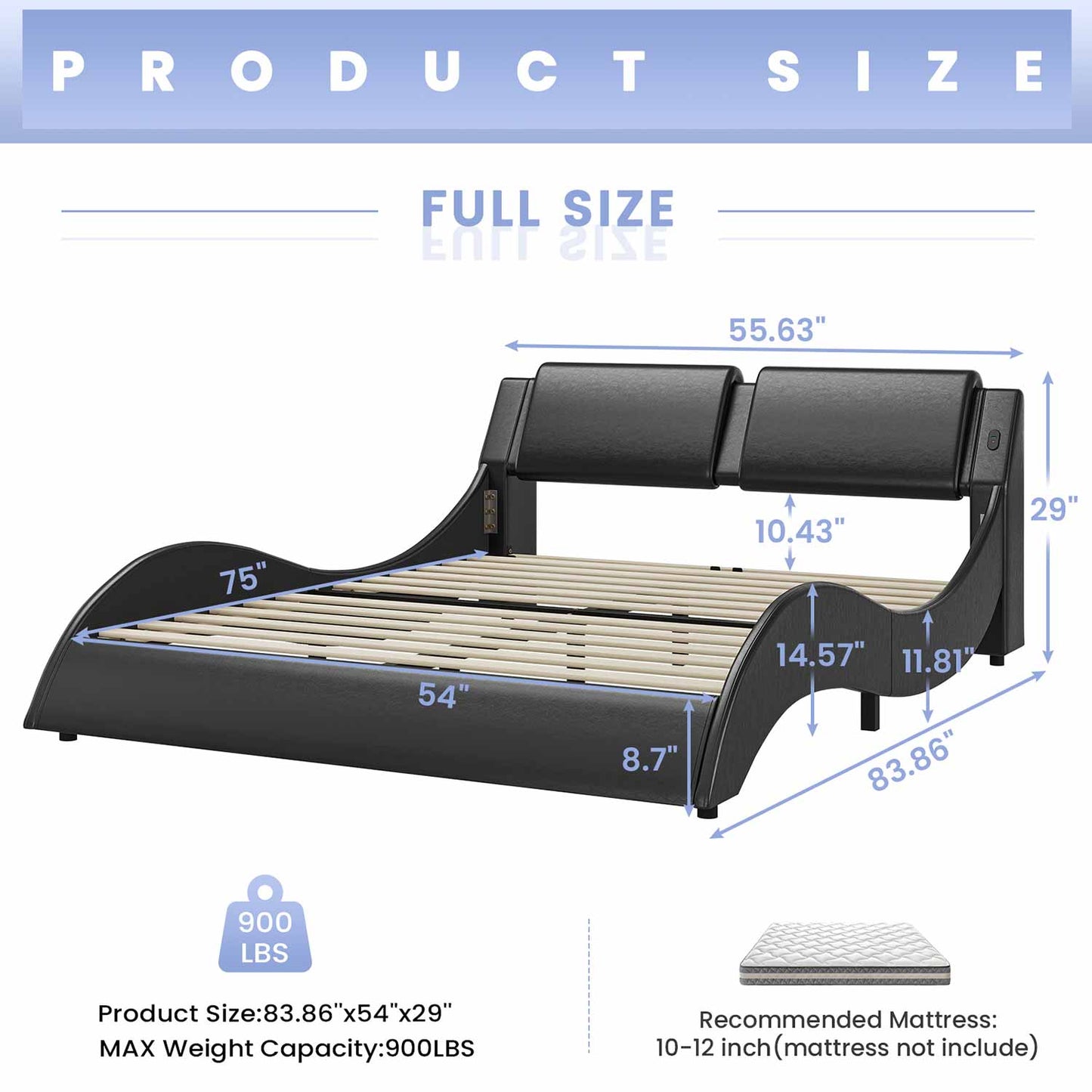 Wave Like Curve LED Bed Frame with Charging Station Black