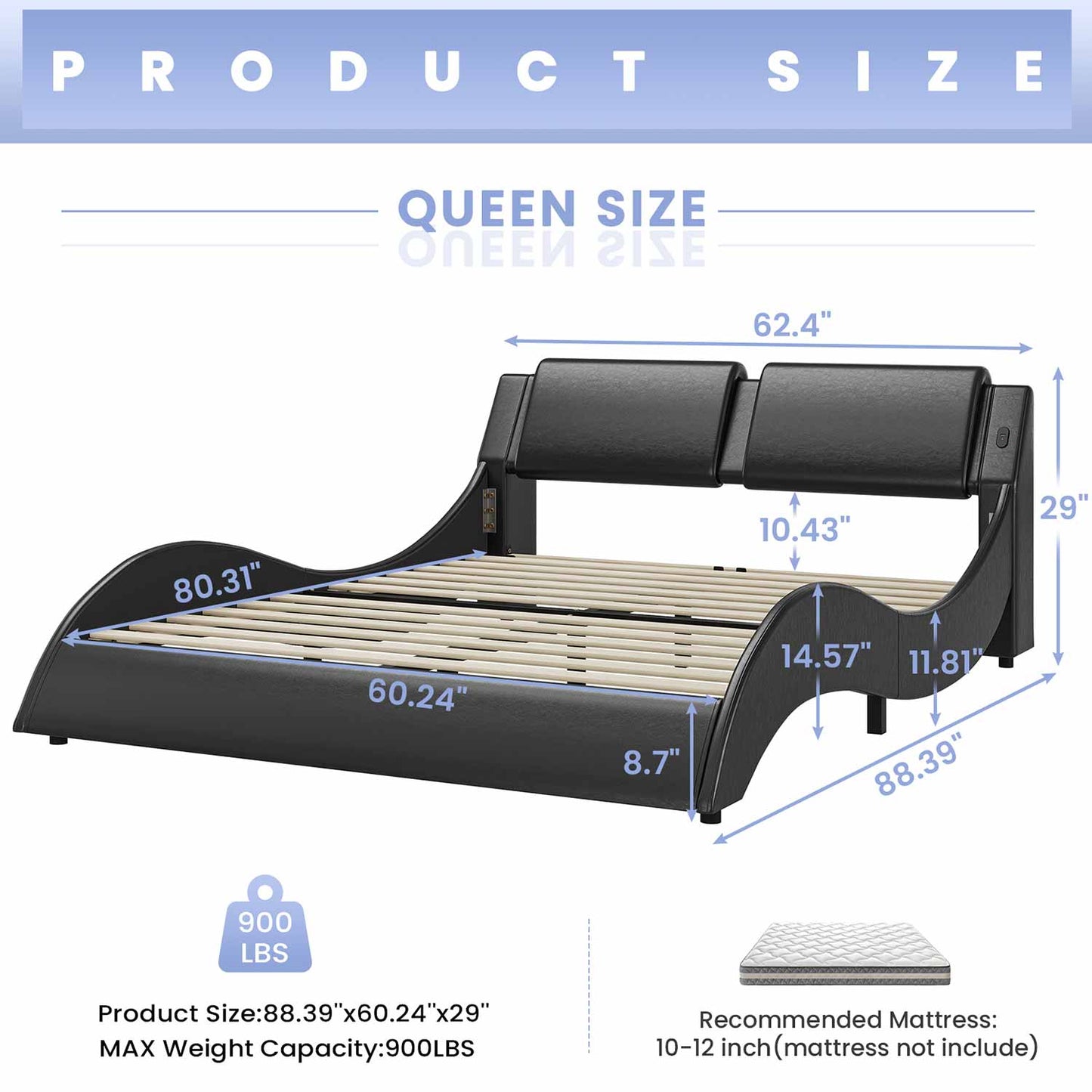 Wave Like Curve LED Bed Frame with Charging Station Black