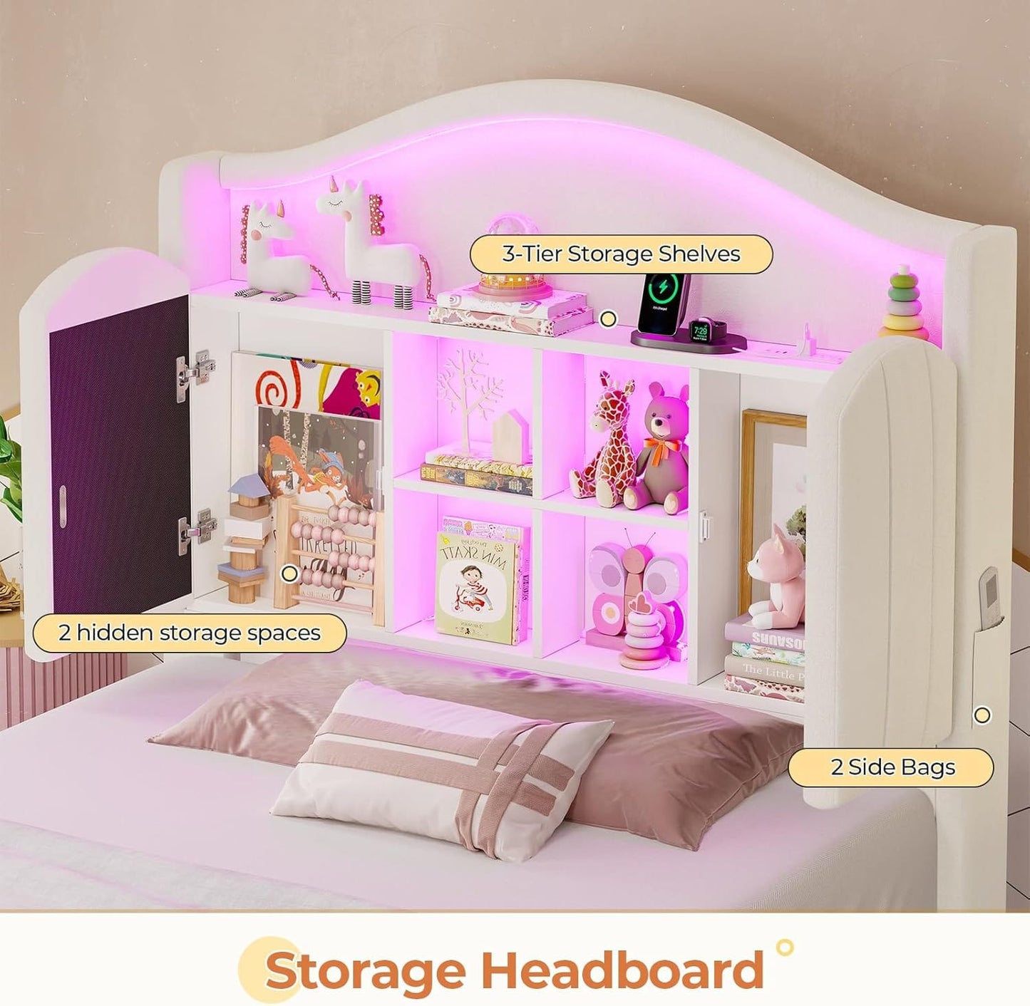 Twin Size LED Bed Frame with Charging Station and Storage Headboard White