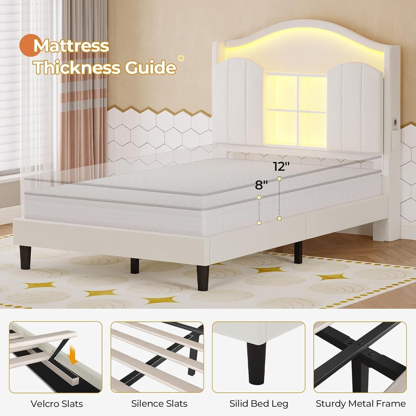 Twin Size LED Bed Frame with Charging Station and Storage Headboard White