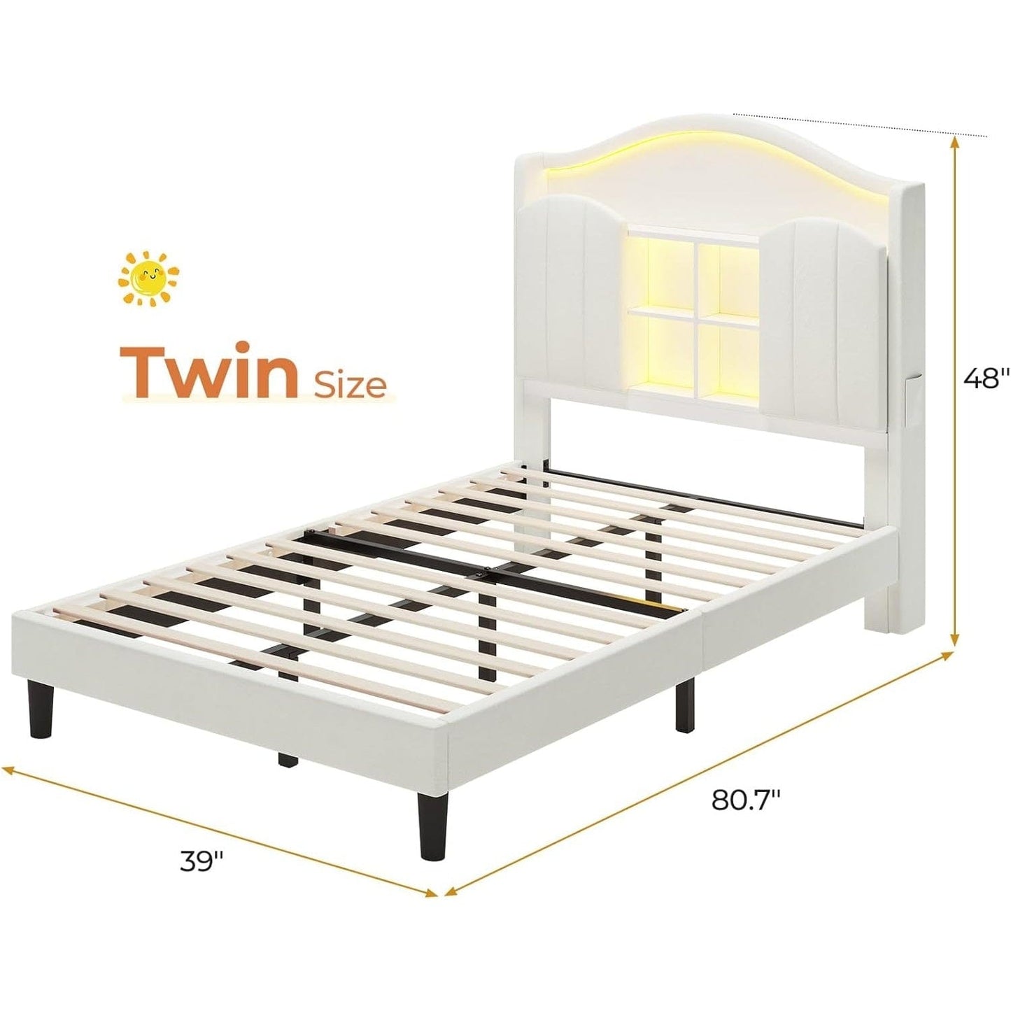 Twin Size LED Bed Frame with Charging Station and Storage Headboard White